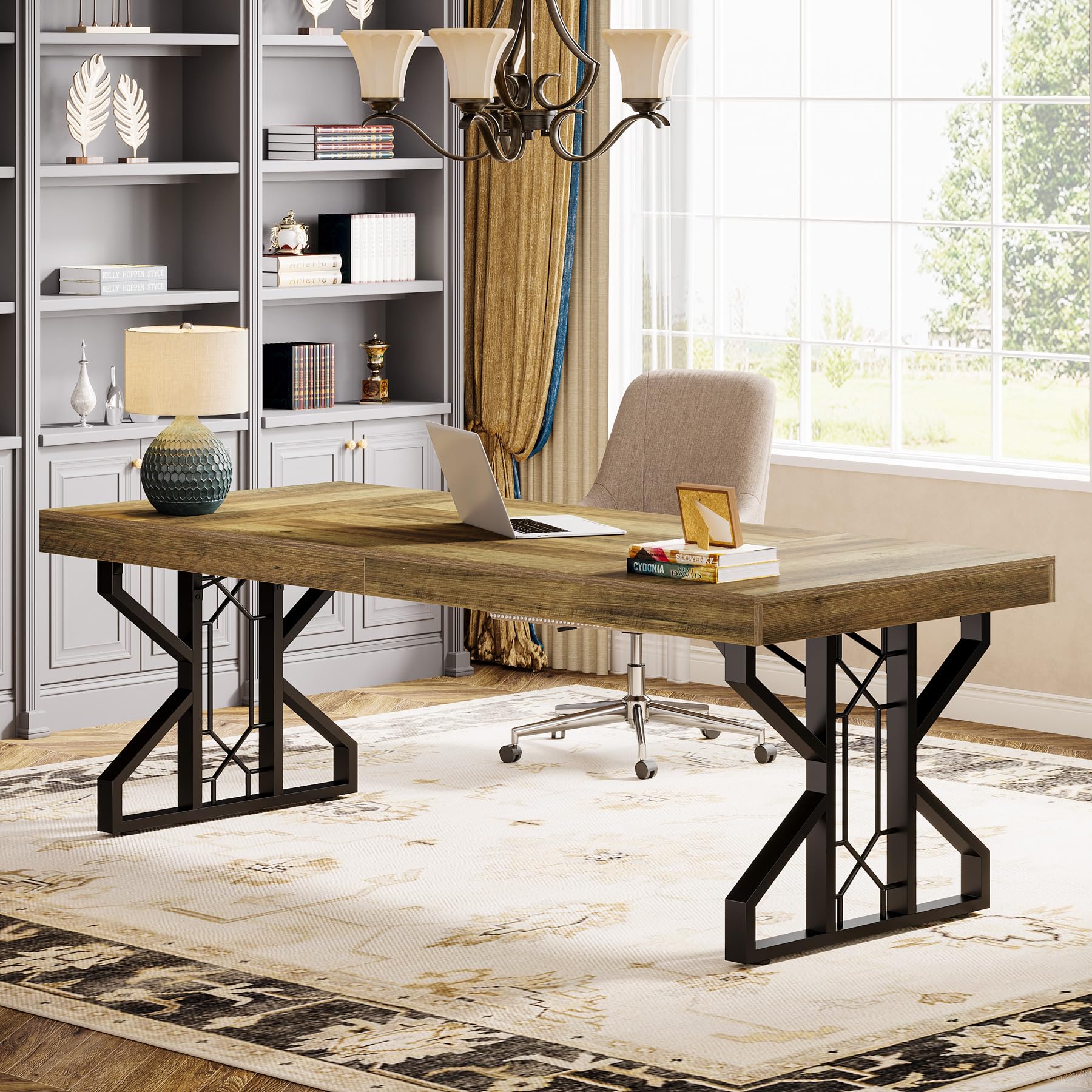 Tribesigns Escritorio ejecutivo grande de 160 cm, escritorio rústico marrón para computadora, mesa de estudio con mesa de madera extragruesa y marco de metal para oficina en casa, escritorio empalmado