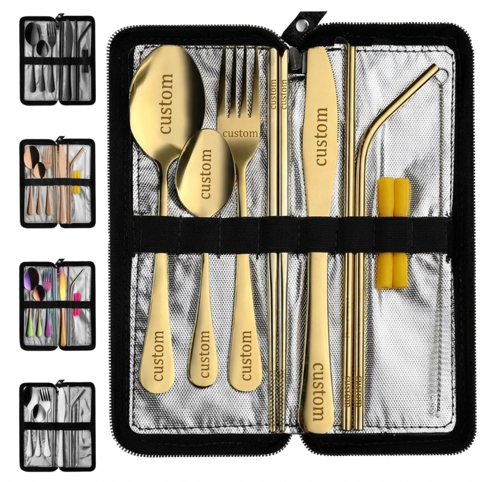 Personalised Engraved Cutlery Set | Custom Adult Cutlery Set | 9-Piece Stainless Steel Utensils | Knife, Fork, Spoons, Chopsticks & Straws | Portable Travel Case with Engraved Logo/Text (Gold)