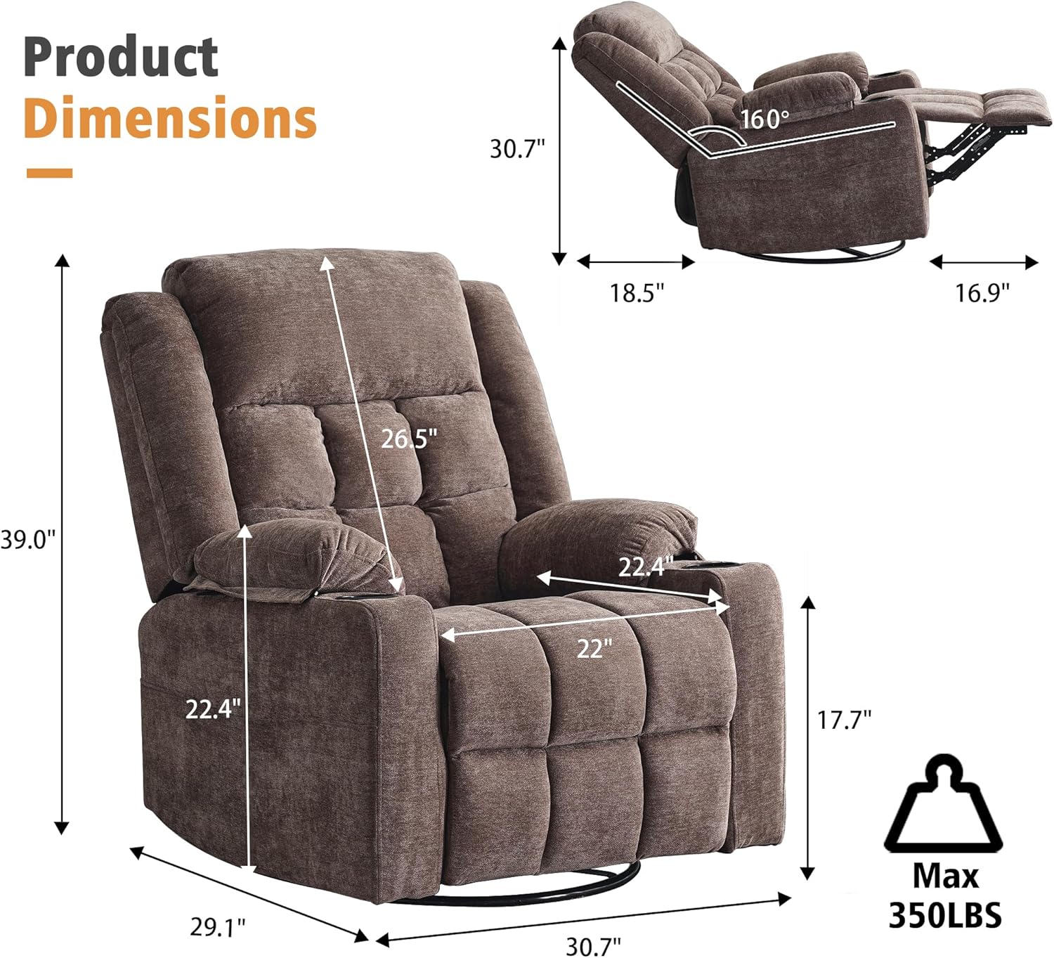 (Similar to) Power Swivel Rocker Recliner Chair for Adults with Massage and Heat, USB and Type-C Ports, Infinite Position, Electric Glider Reclining Single Sofa Chair for Living Room (Coffee New)
