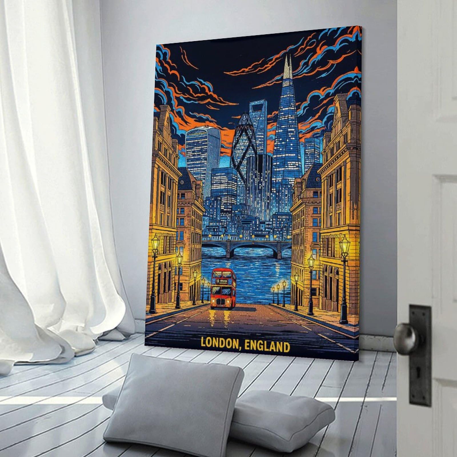 Junmoney Decorative Wall Artwork London Skyline with Double Decker Bus, 12x18inch(30x45cm), for Living Room, Bedroom Or Apartment Walls, Decorative Artwork for Empty Walls