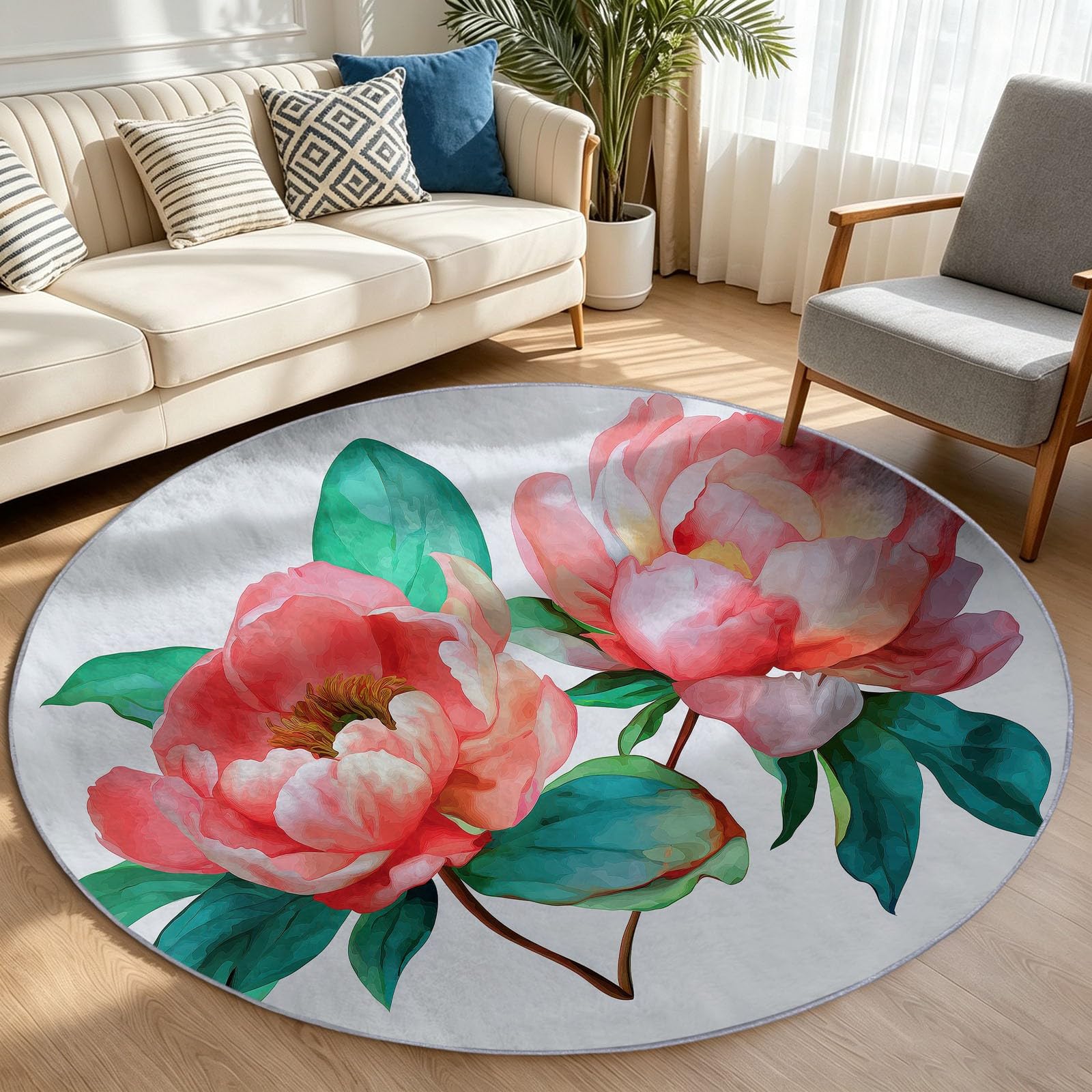 Tappeto rotondo con fiori di peonia, 90 cm, morbido, lavabile, antiscivolo, a pelo basso, motivo floreale, antimacchia, per ingresso, soggiorno, camera da letto, ufficio, bagno, sala da pranzo, bianco