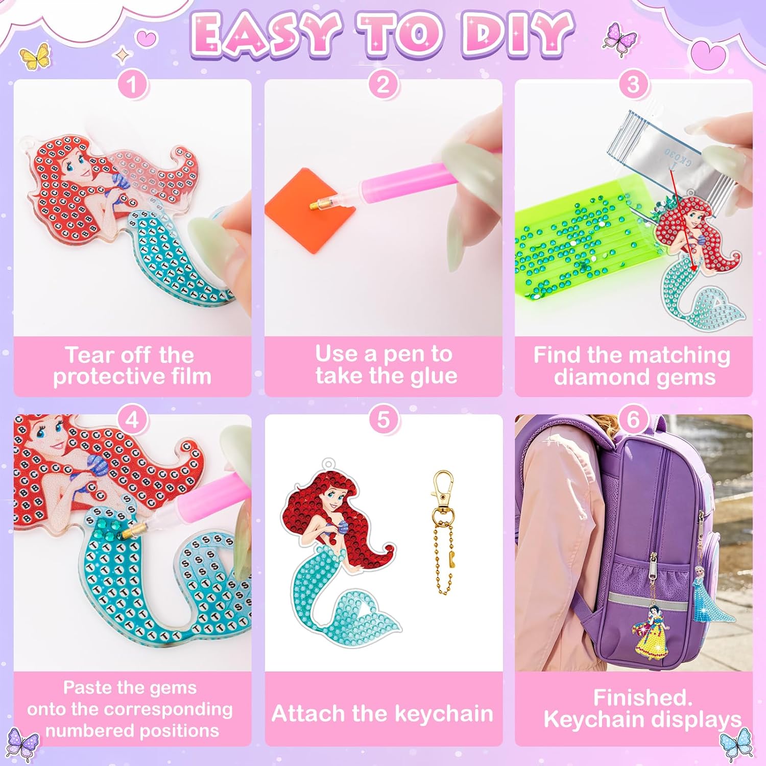 Arts and Crafts for Kids Ages 8-12 - 6Pcs Make Your Own GEM Art Princess Keychains - Diamond Art Kits for Kids - 5D Dimond Art Paintings by Numbers - Art & Craft - 4-6 6-8 Girl & Adults Gifts