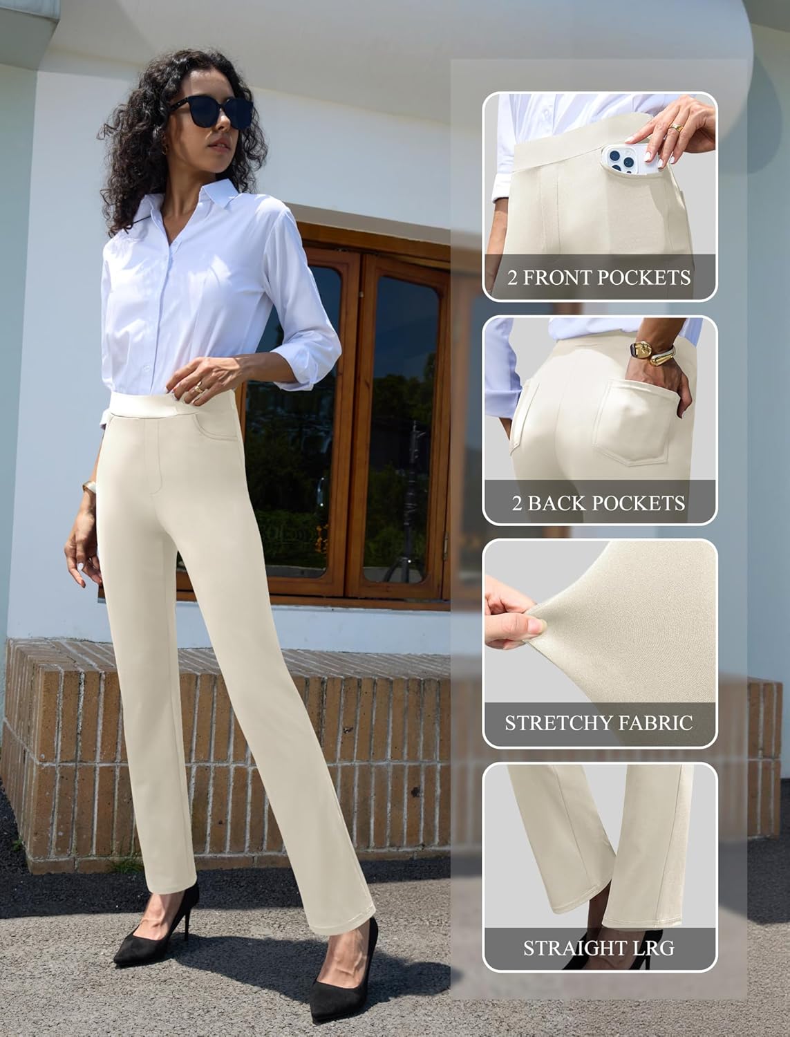 keriffe Women's Stretchy Yoga Dress Pants High Waisted Straight Leg Casual Work Business Office Slacks 4 Pockets - Image 4