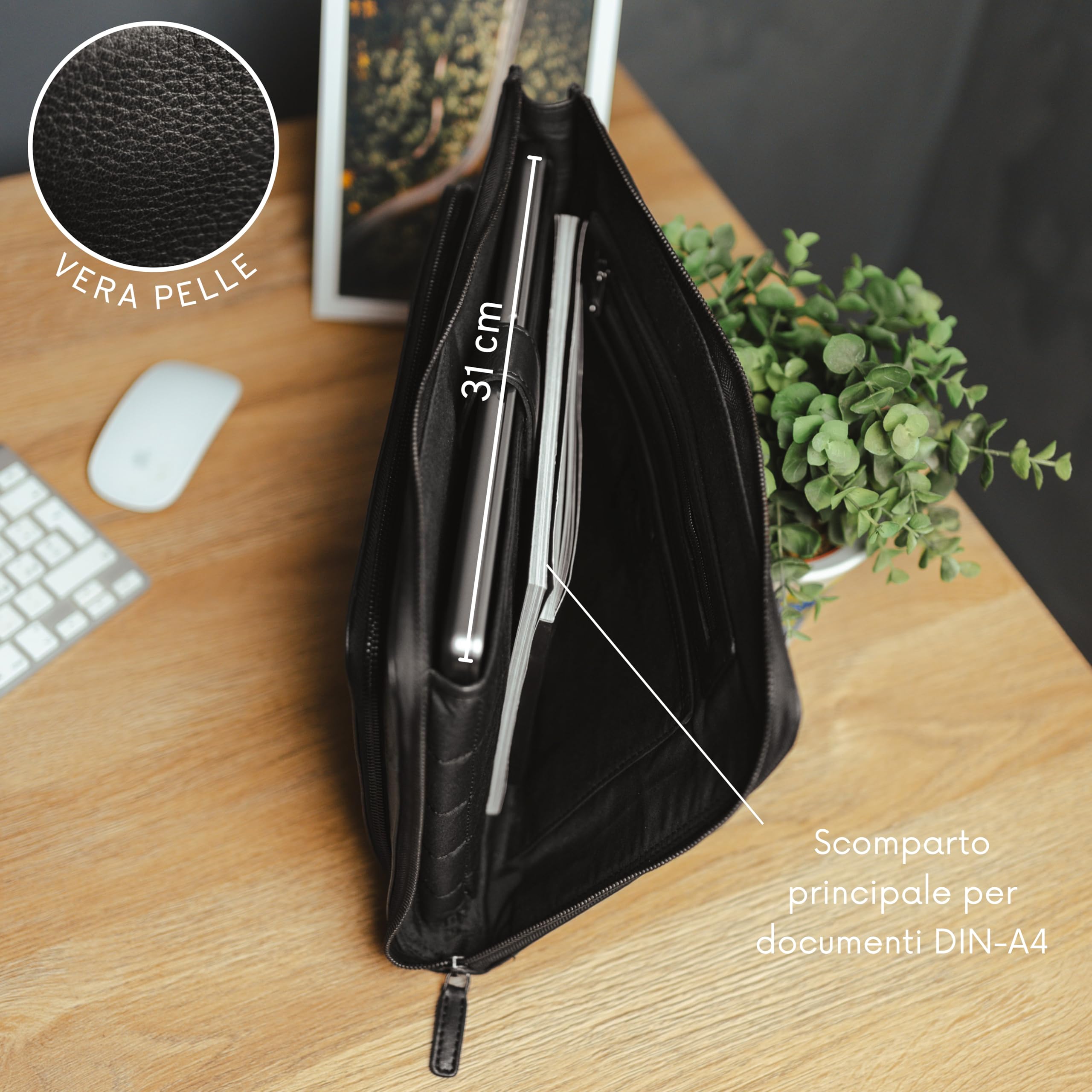Baur - Borsa per notebook in vera pelle, per computer portatile fino a 13,3 pollici, realizzata a mano, con design sottile, pratica tasca frontale