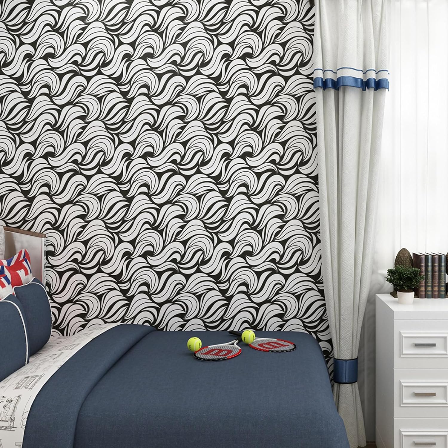 Peel and Stick Wallpaper Sea Wave Black and White Wallpaper 17.5"×120" for Walls Self Adhesive Removable Modern Contact Paper White and Black Sea Wave Contact Paper for Cabinet Renter Friendly