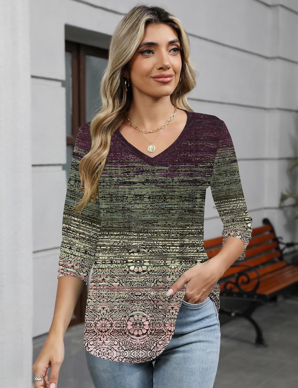 Romanstii Shirts for Women 2026 Spring 3/4 Length Sleeve Womens Tops Dressy Casual Pleated Blouses V Neck Tee Shirts S-3XL - Image 5