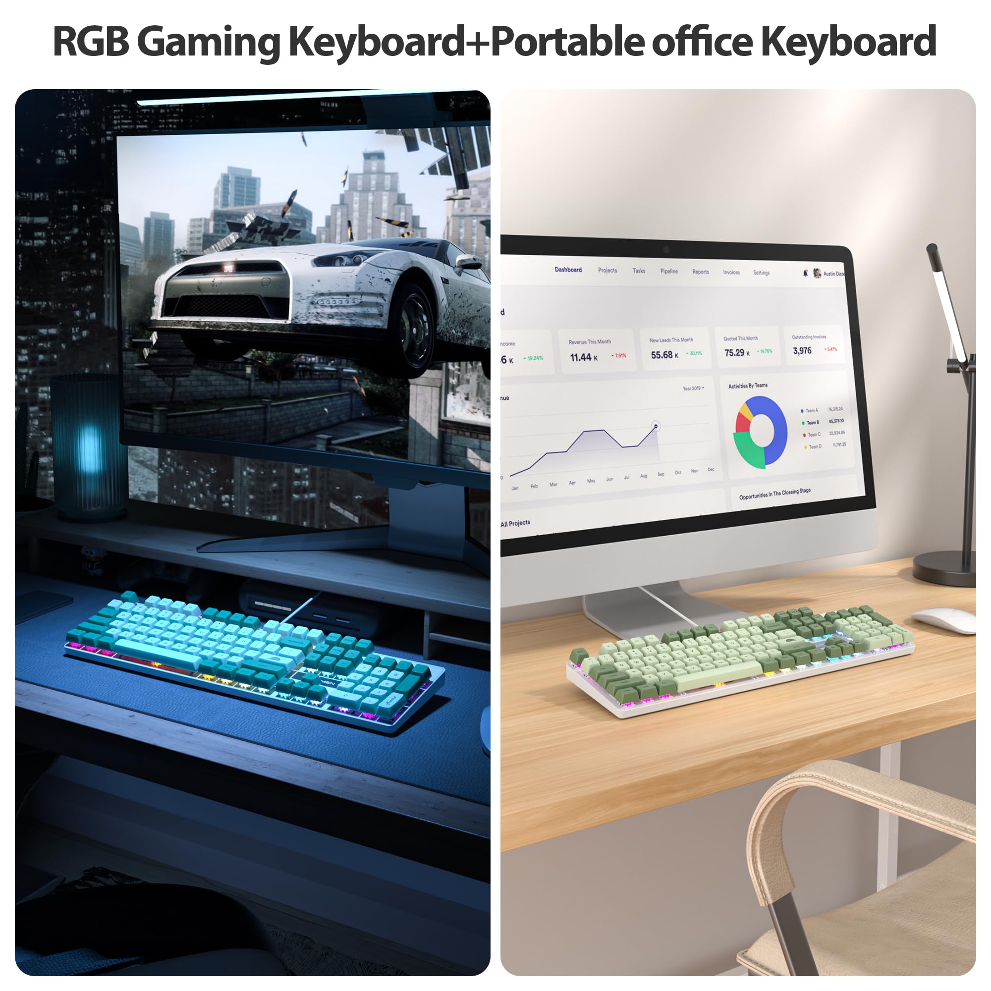 SOLIDEE tastiera gaming meccanica 100%,Tastiera Matcha Verde QWERTY Layout,Tastiera da Gioco Cablata 104 Tasti Retroilluminata RGB con Tastierino Numerico,Tastiera Meccanica NKRO(104 Matcha)