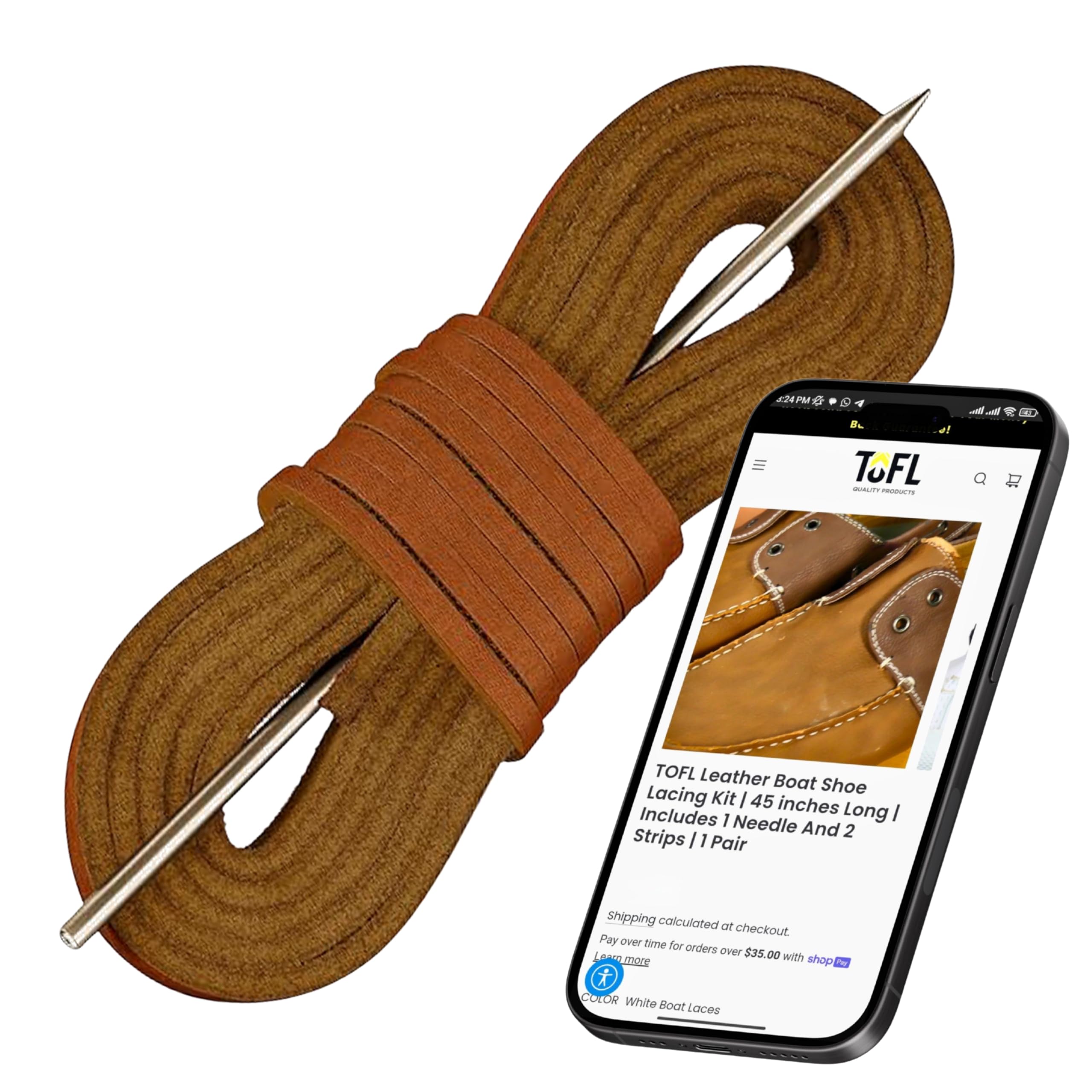 Leather Boat Shoe Lacing Kit – 45 Inch Leather Shoelaces for Boat Shoes, 1 Needle & 2 Strips [1 Pair]