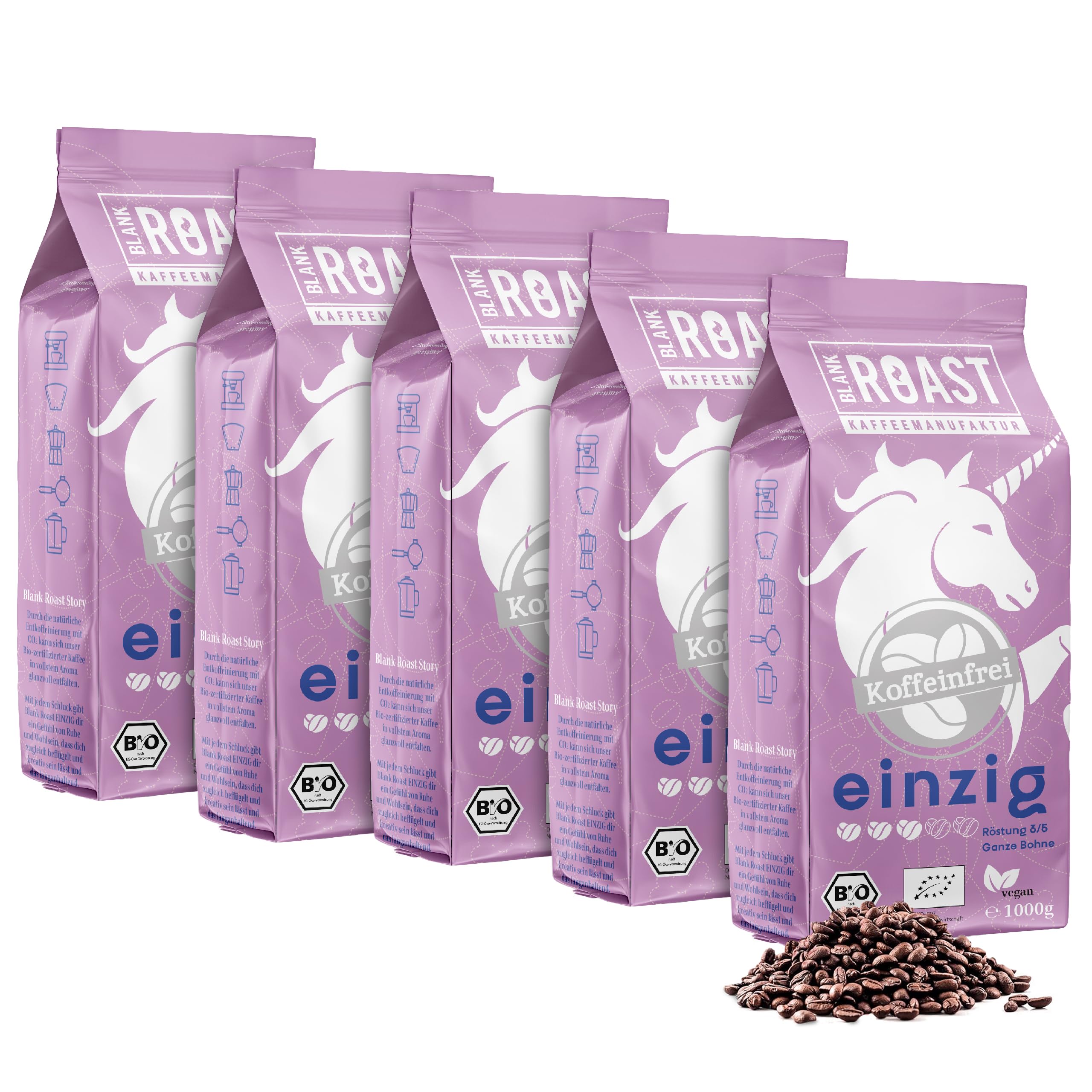 Blank Roast - EINZIG - 1kg (5er Pack) - BIO Kaffeebohnen koffeinfrei - 100% Arabica aus Peru - schonend & umweltfreundlich entkoffeiniert - säurearm mit voller Crema - ideal für jede Zubereitungsart