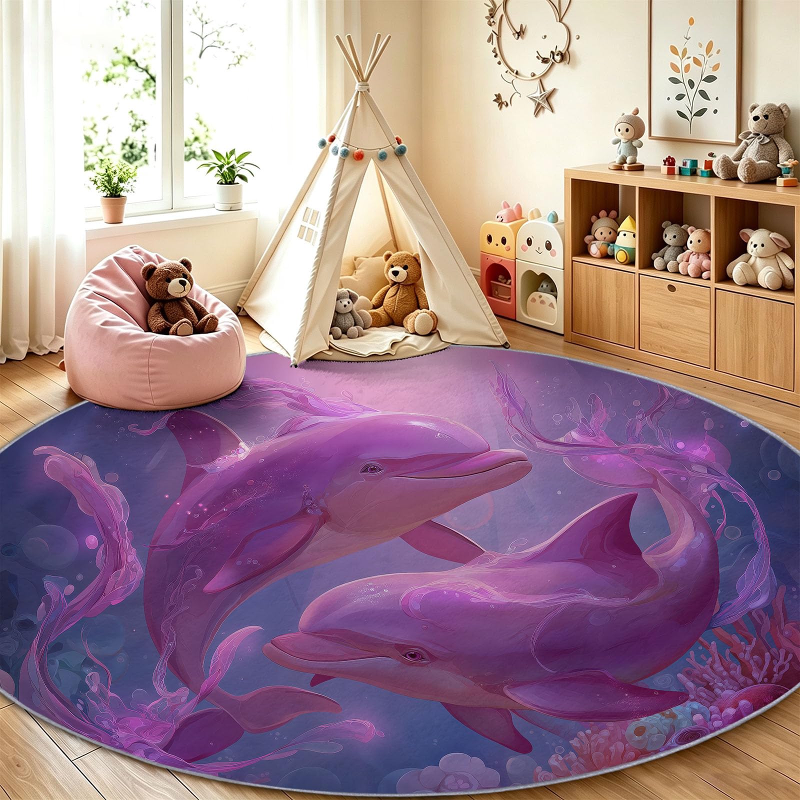 Générique Tappeto rotondo fantastico racconto animale delfino mondo sottomarino, 180 cm, tappeto antiscivolo, lavabile in lavatrice, pelo corto, morbido tappeto soggiorno, ingresso scendere, ufficio