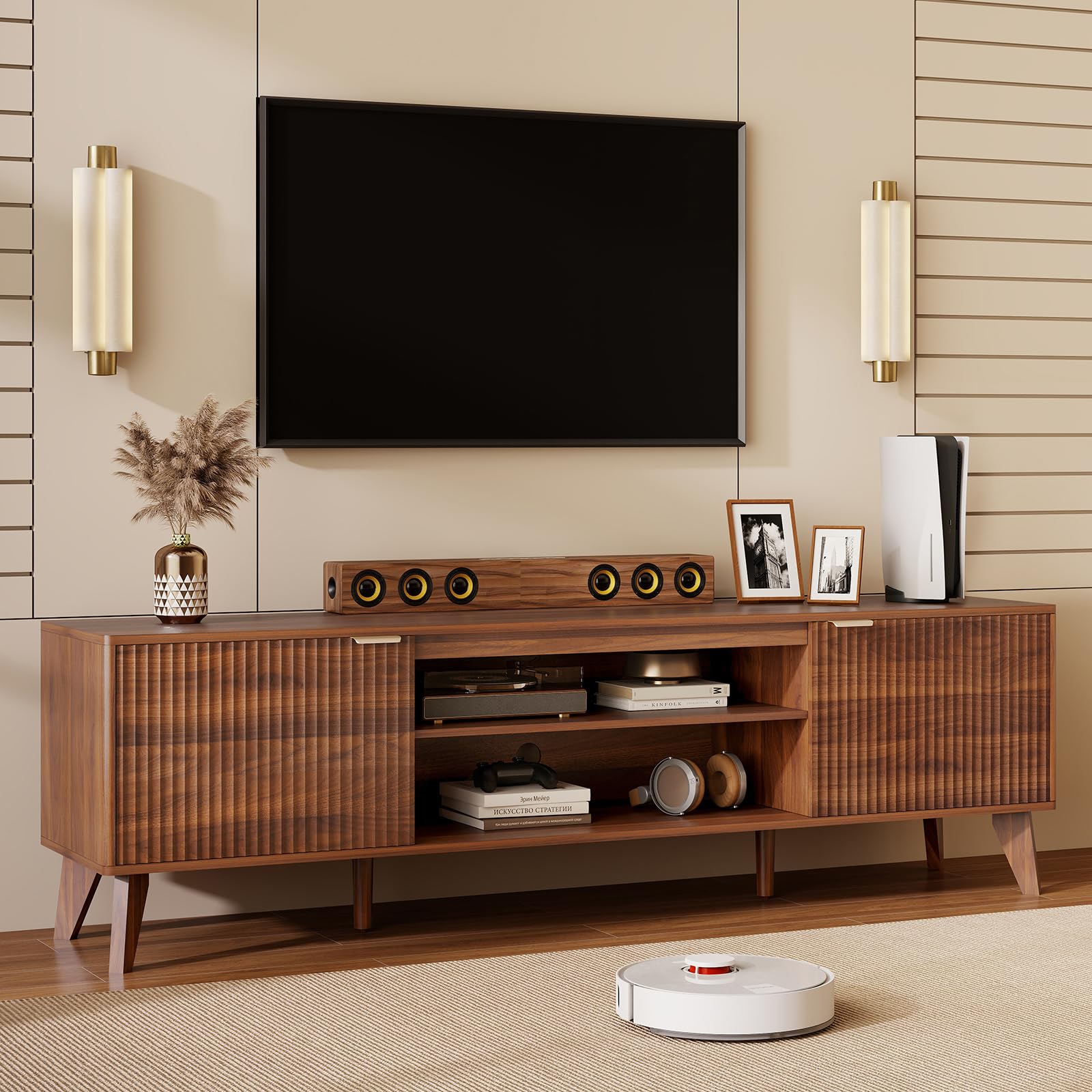 LYNCOHOME TV Unit with Storage, 178cm TV Stand Cabinet with Ajustable Open Shelf, Fluted TV Console for 80 Inch TV, TV Cabinets for Living Room, Bedroom, Walnut