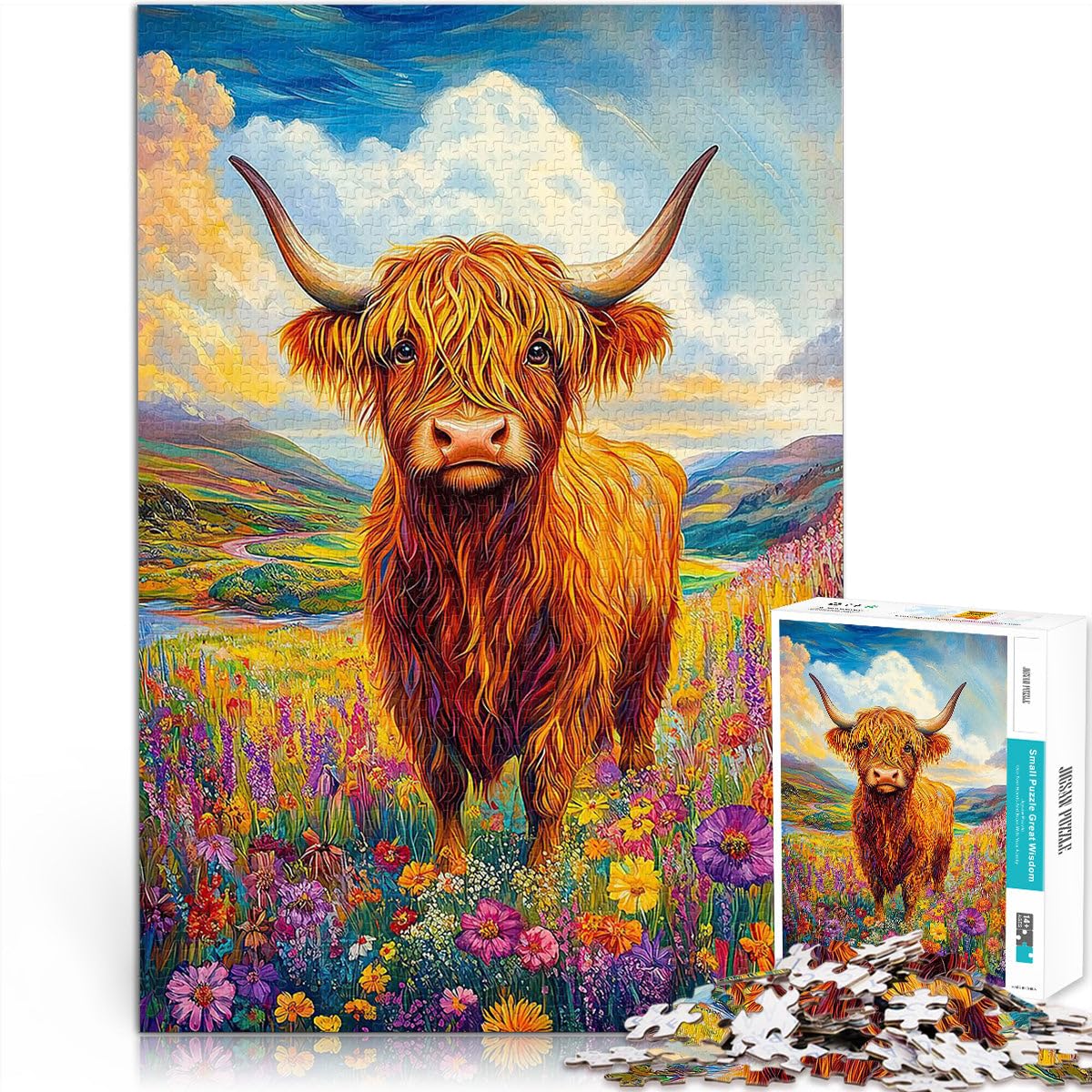1000 Piece Jigsaw Puzzles for Adults Jigsaw Highland Cow in Meadow Help the brain exercise addictive toys to cultivate patience 38x52cm Enhance memory for Age 14+