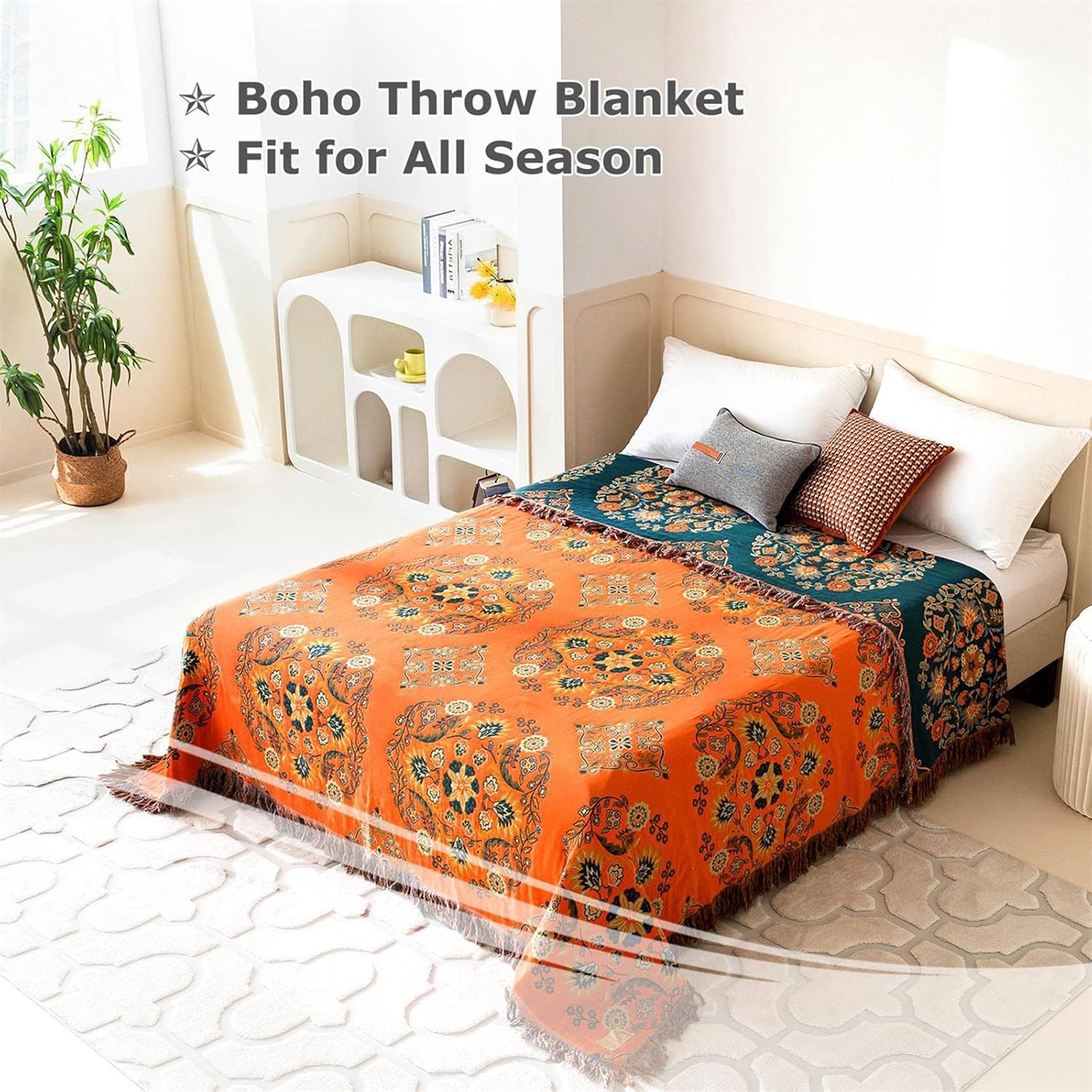 Boho Throw Blanket for Bed 100% Cotton Soft Lightweight Quilt Floral Embroidery Home Decor Breathable Bed Blankets,60"×80" Twin All Season Reversible Blankets for Sofa Couch Chair - Image 3
