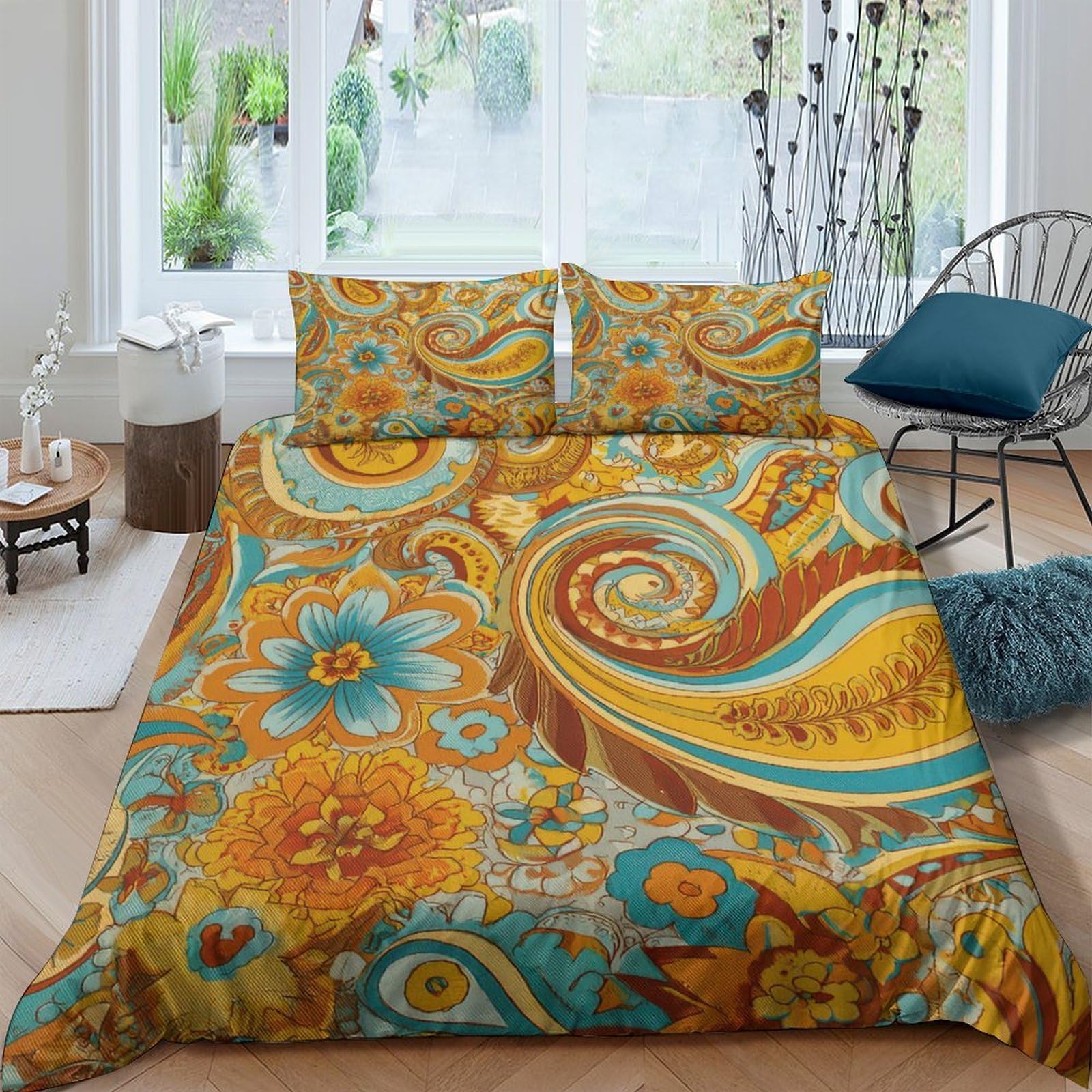 Ctjqhvkz Style-5 3D Printed Boho Paisley Fitted Sheet Microfiber Soft Yellow Blue Floral Bed Cover For Bedroom Dorm Decor Single（135X200cm）