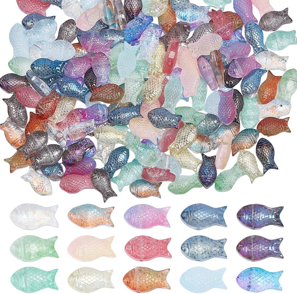 arricraft 150 Pcs Fish Crystal Glass Beads, 15 Colors Clear Ocean Sea Spacer Beads Transparent Rainbow Color Fishbowl Bead for DIY Earrings Bracelet Necklaces Crafting Jewelry Making