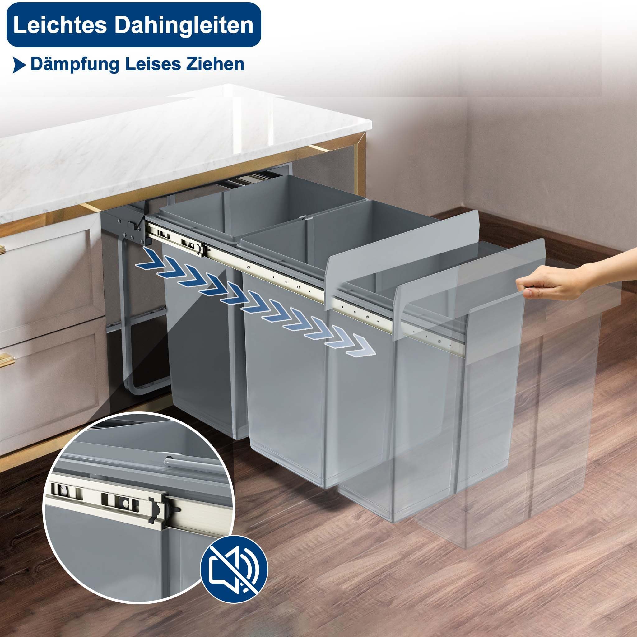 AufuN Einbaumülleimer Abfallsammler Mülleimer Küche Unterschrank Auszug | Mülltrennungssystem mit Deckel Fächer Ausziehbar, Vollauszug mit Teleskopschienen Einbau-Mülleimer, Grau (2x15L)