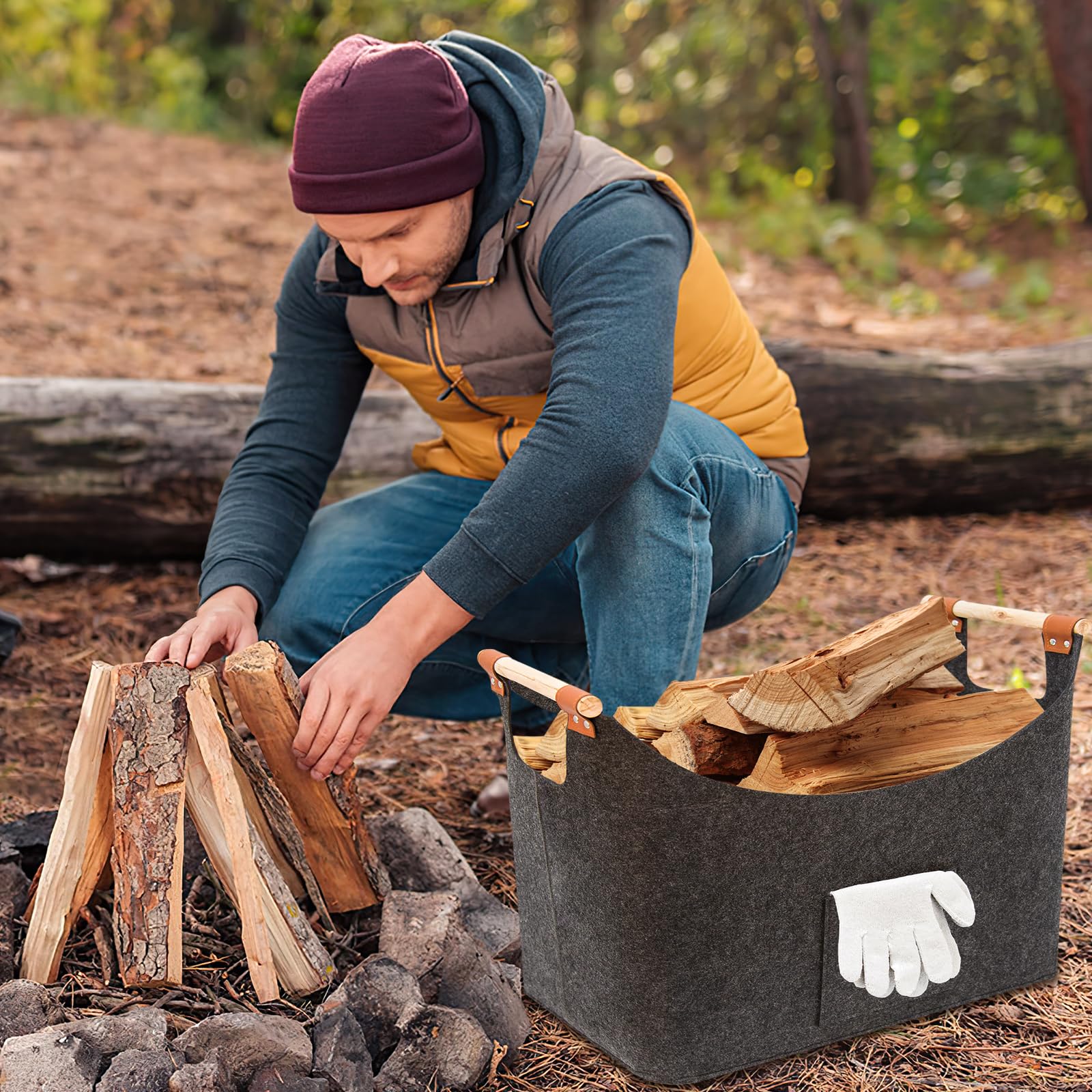 FINEW Panier à bois pour boiss de cheminée 90 L - Avec gants - 60 x 40 x 40 cm - Grand panier en feutre pour ranger le bois de chauffage, les journaux