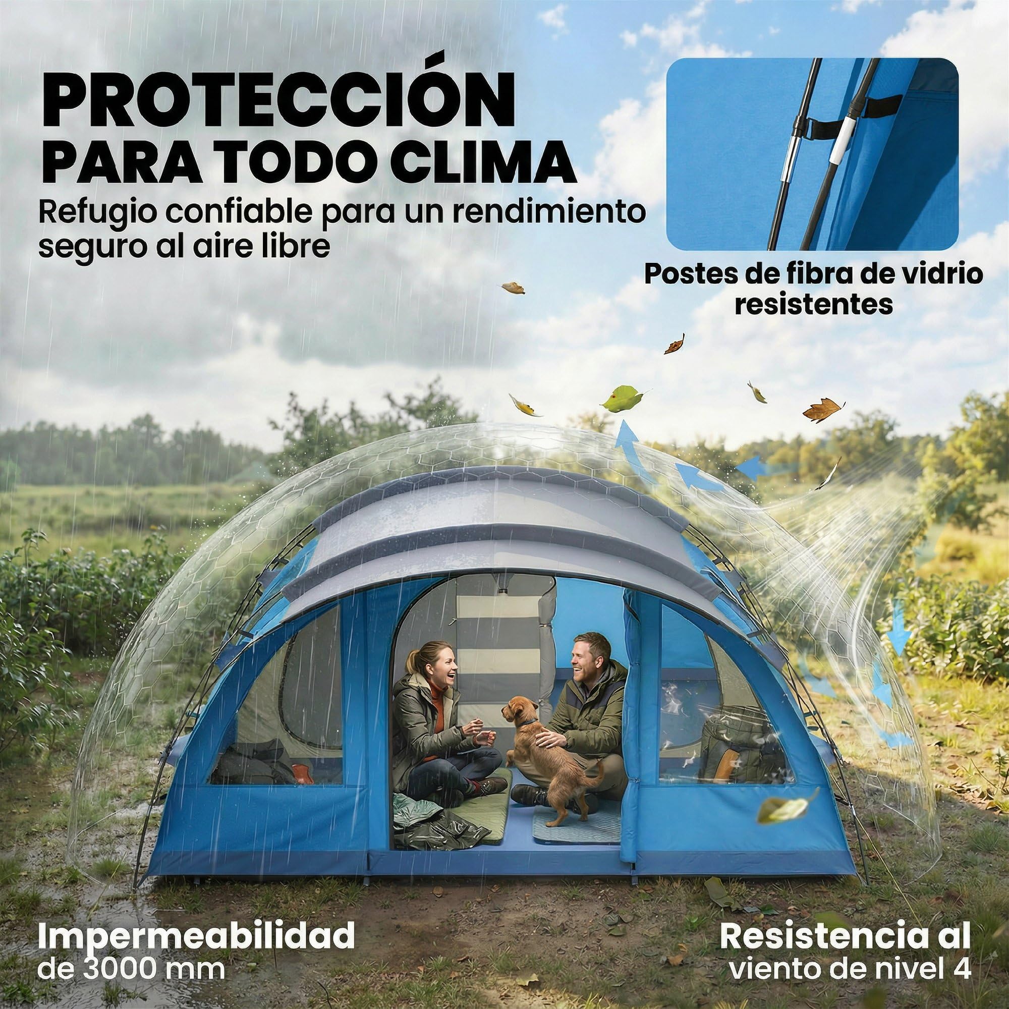 Outsunny Tente de Camping familiale pour 5 Personnes Pliable 3000mm Bleue | Tente tunnel de camping, 3 pièces, porte, 4 fenêtres, porche, sac imperméable, montage facile