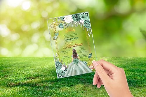 Miniatura 6 de Avior Invitación de quinceañera Vestido verde salvia Invitación de cristal transparente, Mis Membres, Dulce 15, Dulce 16, Diseño floral de membrillo