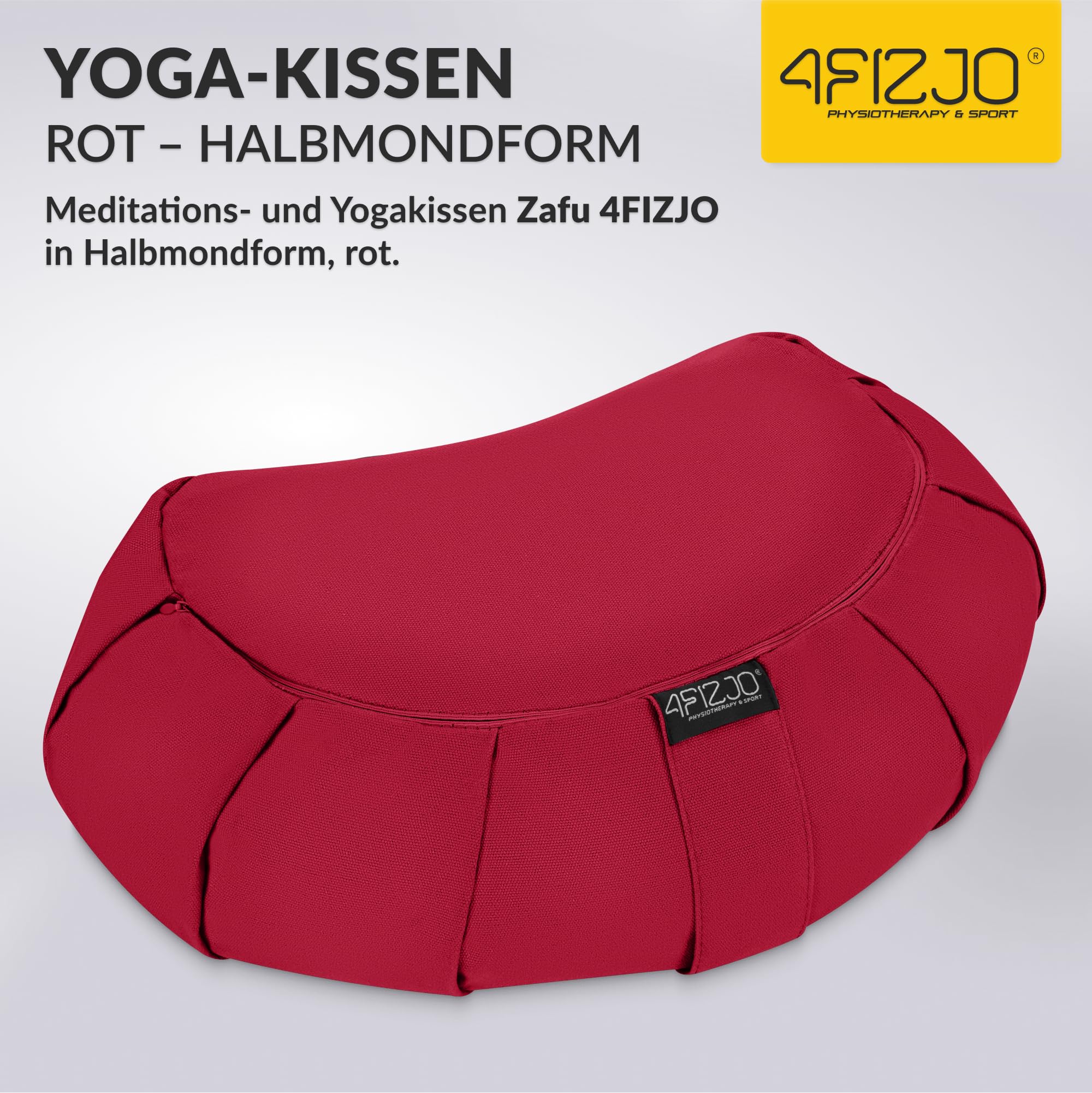 4FIZJO Meditationskissen Halbmond, Yogakissen in Halbmondform mit Buchweizen-Spelz Füllung, Sitzkissen, Rondokissen, Abnehmbarer Bezug aus Baumwolle, Abmessungen 40x30x12 cm, Pflegeleicht, Rot