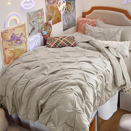 Bedsure Twin XL Comforter Set - Extra Long 5 Pieces Dorm Bedding Sets, Pinch Pleat Beige Bed in a Bag with Comforter, Pillowcase & Sham