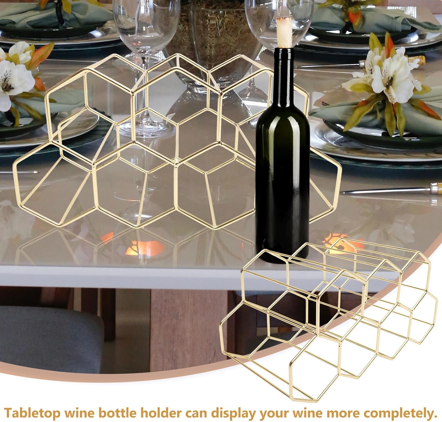 Metal Wine Bottle Rack 7-Hole Tabletop Wine Display Holder Gold Iron Art for Home Bar Kitchen Cabinet Decor