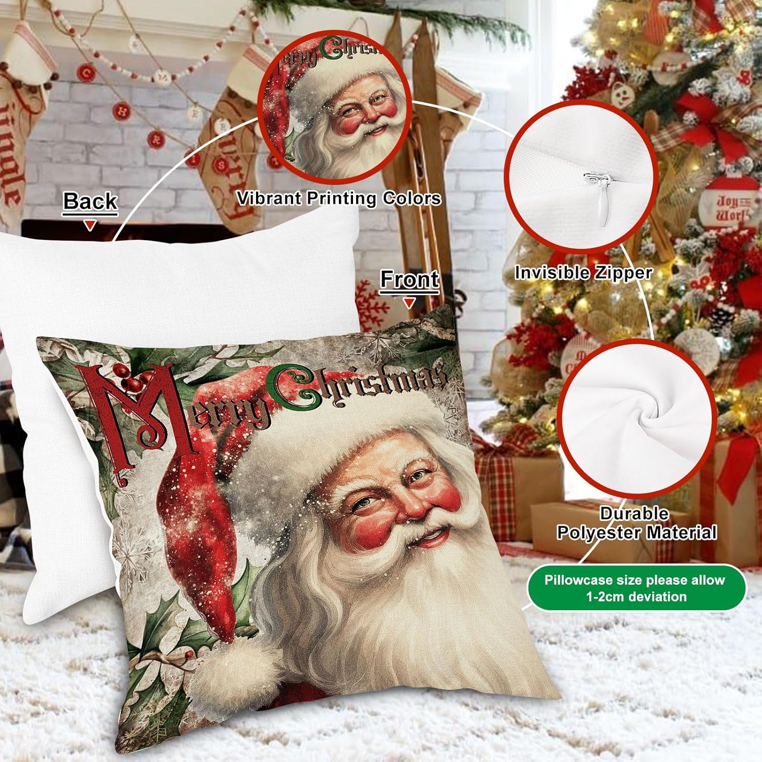 Lanpn Vintage 24x24 Christmas Throw Pillow Covers Set of 4, Xmas Decoration Cushion, Winter Holiday Decorative Pillow Case, Santa Claus Snowman Pillowcase, Indoor Home Bedroom Sofa Couch Decor