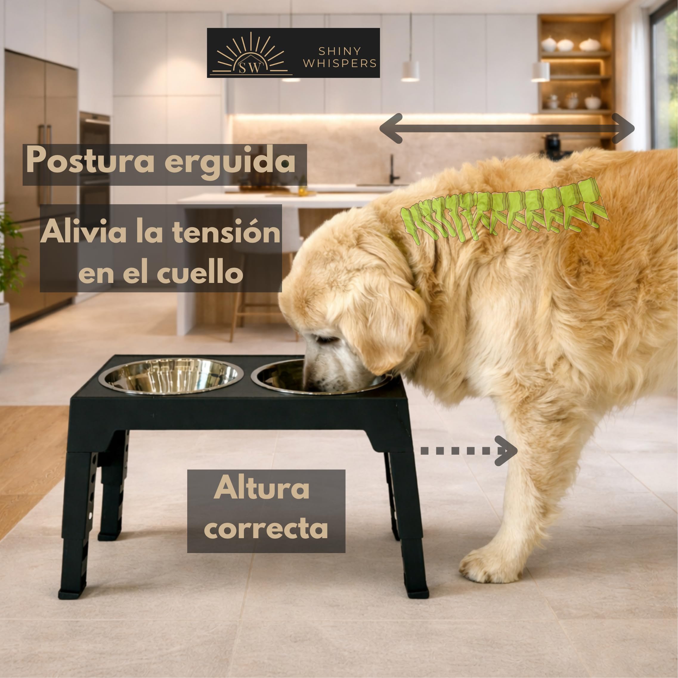 Shiny Whispers Comedero Perro Elevado de 5 Alturas Ajustables, 2 X 1200ml. Bebedero Antigoteo de Acero Inoxidable, 2 Cuencos Elevados para Perros Pequeños, Medianos y Grandes, Gris