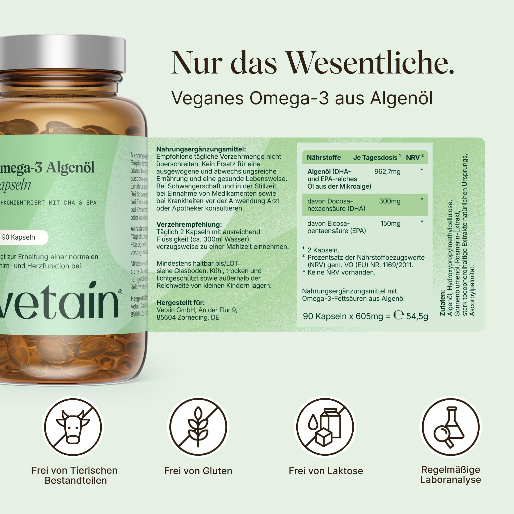 VETAIN Omega 3 Vegan - 963 mg Algenöl pro Tagesdosis: 300 mg DHA + 150 mg EPA - Hochdosiert, ohne Carrageen & künstliche Zusätze - Geschmacksneutral - produziert in Deutschland - 180 Kapseln