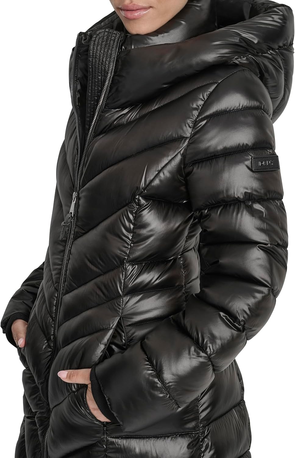 DKNY Women's Long Shiny Puffer Coat With Hood – Quilted Gloss Finish Winter Jacket - Image 7