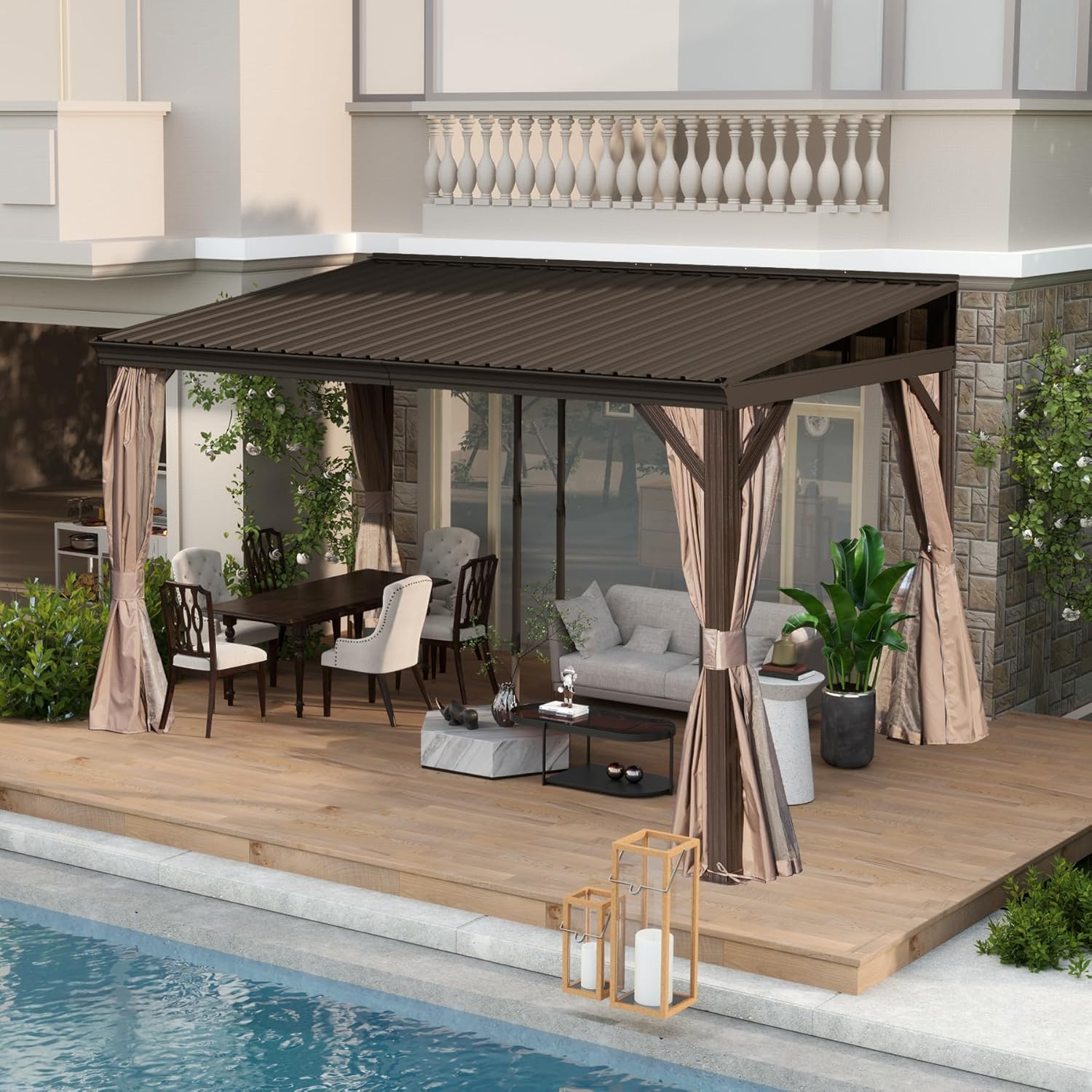 10’ x 12’ Lean to Gazebo, Outdoor Wall Mounted Gazebo Aluminum Frame, Hardtop Pergola with Galvanized Steel Sloping Roof for Patio Deck Garden Backyard, Curtain and Netting Included