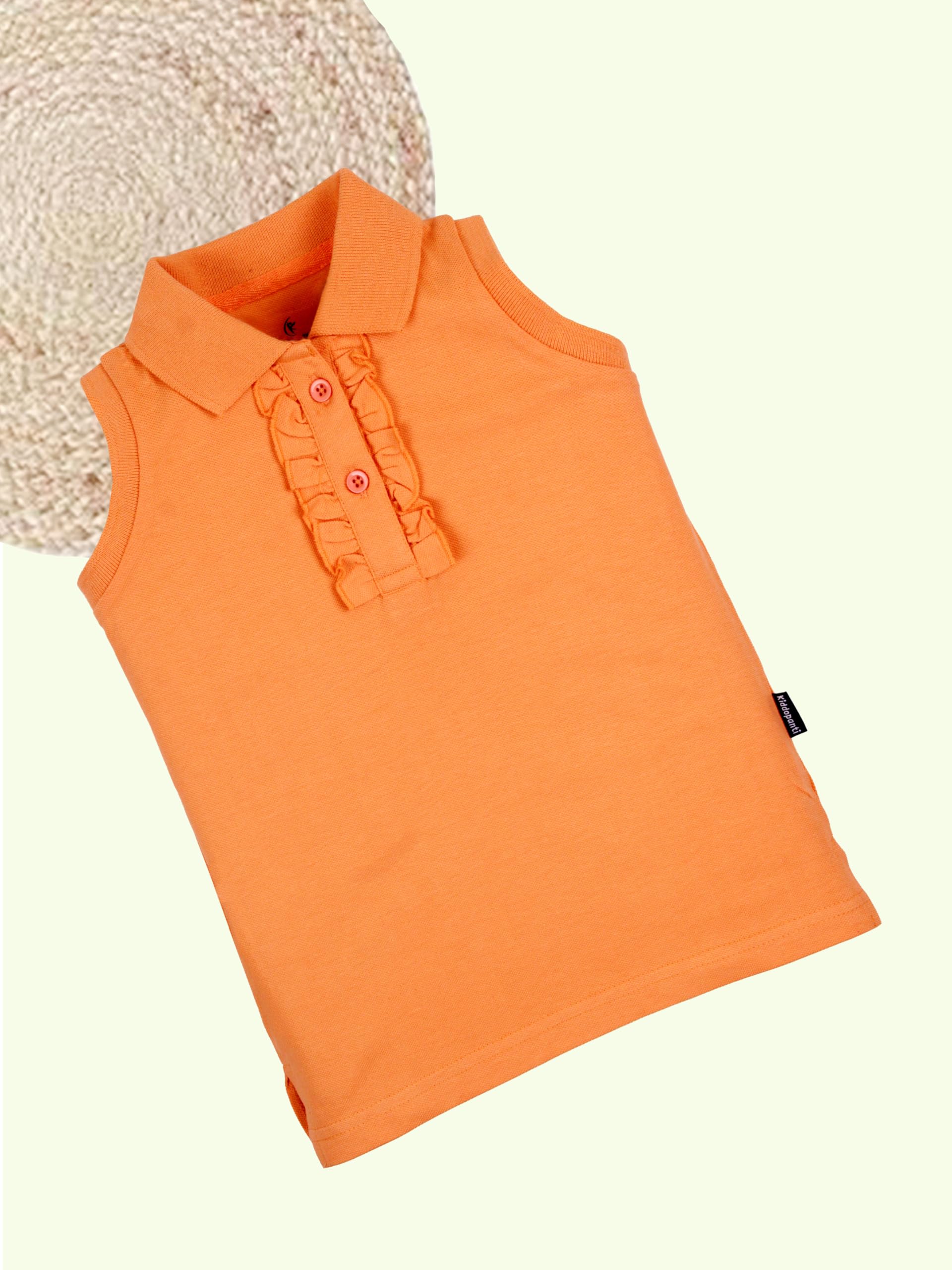 KiddoPanti Girls 100% Cotton Frill Placket Sleeveless Polo Tee, Peach - 6-8Y - Image 3 thumbnail