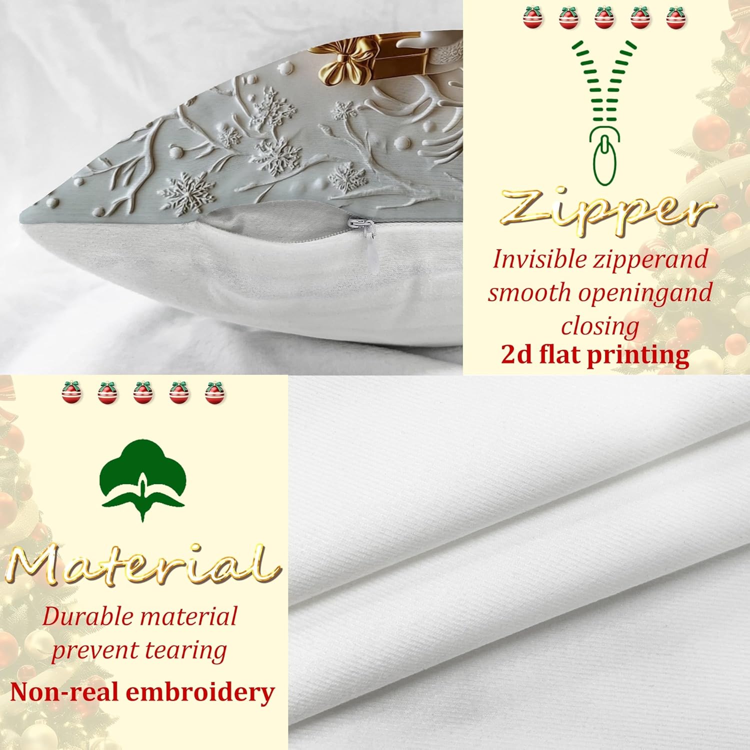 Santa Throw Pillow Covers Set of 4, Christmas Festive Reindeer Snow Man Xmas White Soft Velvet Washable Couch Pillow Covers for Living Room Bed Office Sofa Chair Decor 24x24 Inch