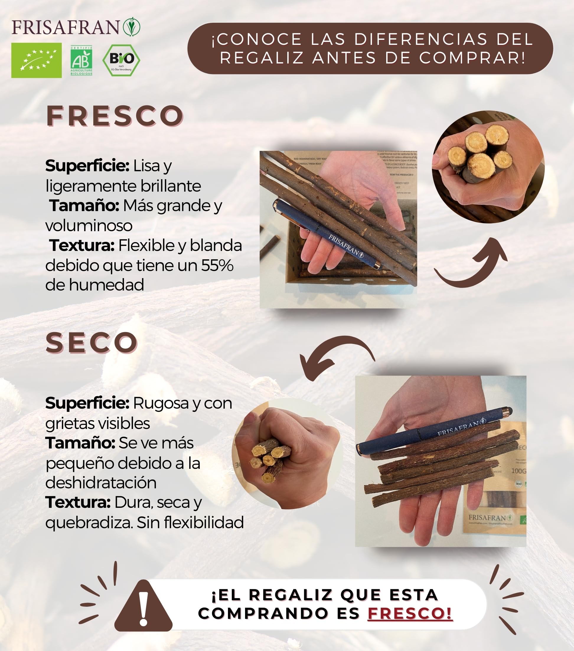 FRISAFRAN | Regaliz de palo Fresco - Humedo | Ecológico | RECIEN COSECHADO | regaliz de palo | Bastones de regaliz | palulu | paloduz | palo dulce | Raíz de regaliz | Directamente del productor | 500g