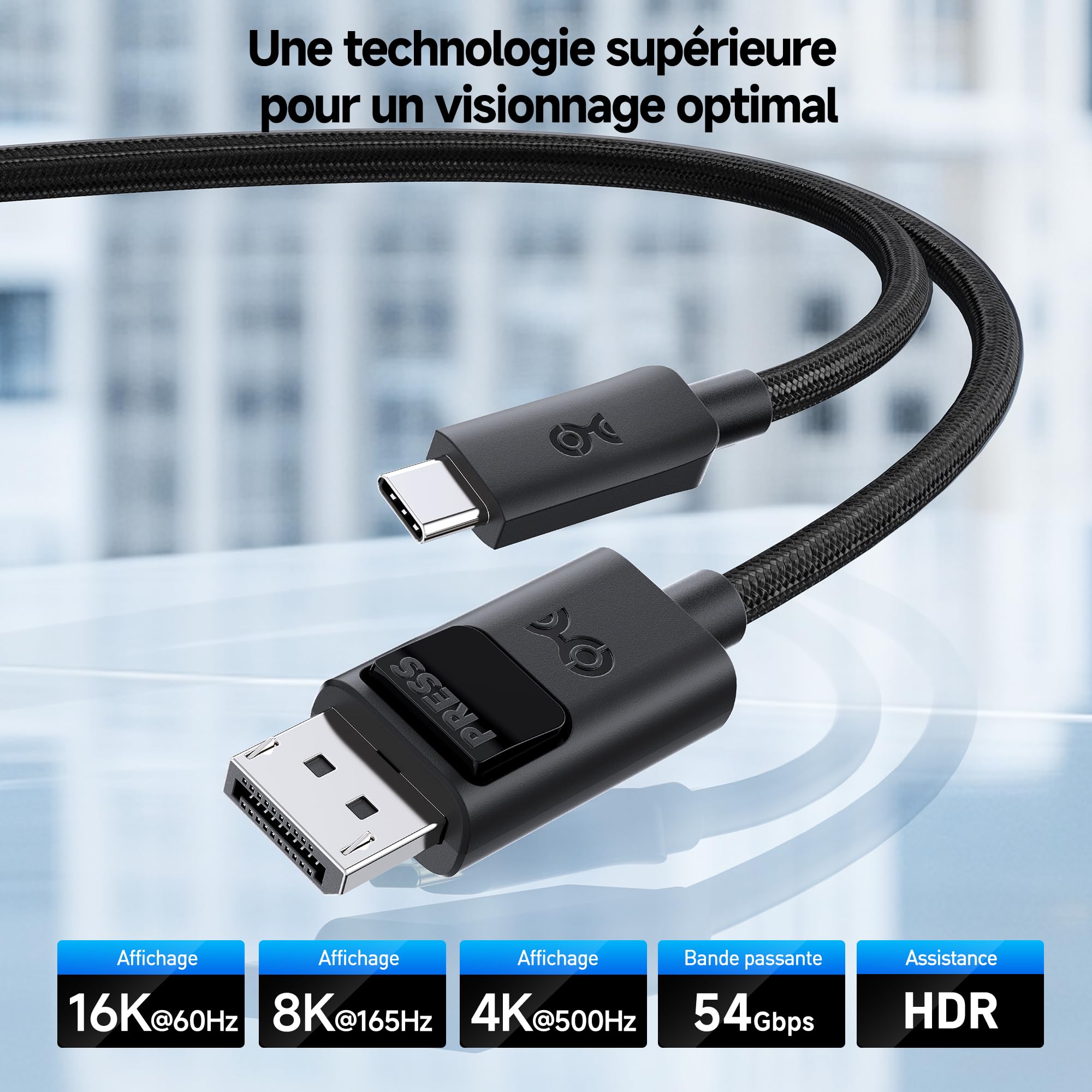 Cable Matters Câble USB-C vers DisplayPort 2.1, Unidirectionnel, 1,8m | 8K@165Hz, 4K@480Hz, UHBR13.5, 54Gbit/s DP54, câble Thunderbolt 5 vers DisplayPort, non compatible avec les moniteurs USB-C