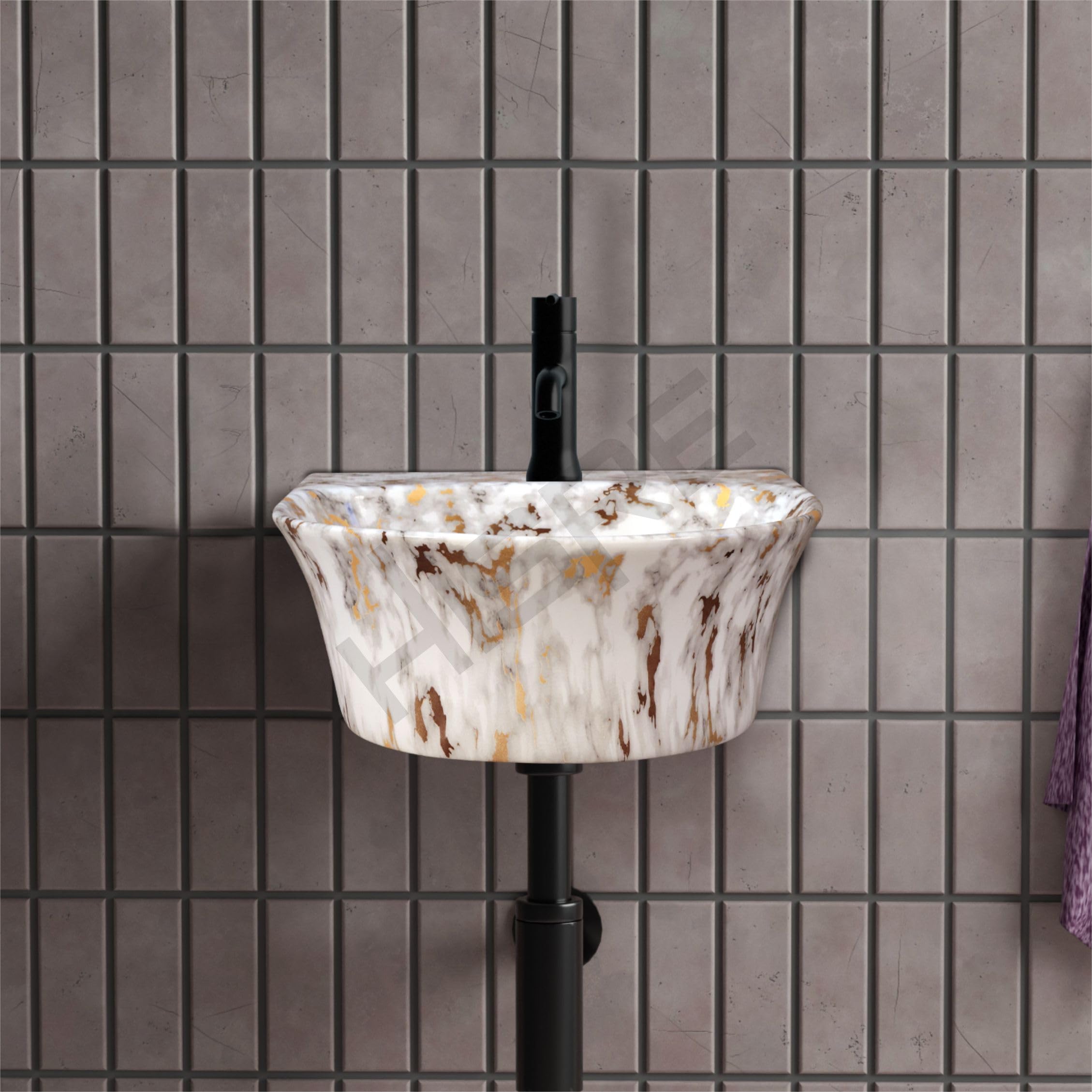 HISRE Wall Mount Wash Basin | White Ceramic Sink with Brown and Golden Marble Pattern | Compact Rectangular Bathroom Basin for Modern Home & Office Décor, photo 3 of 5