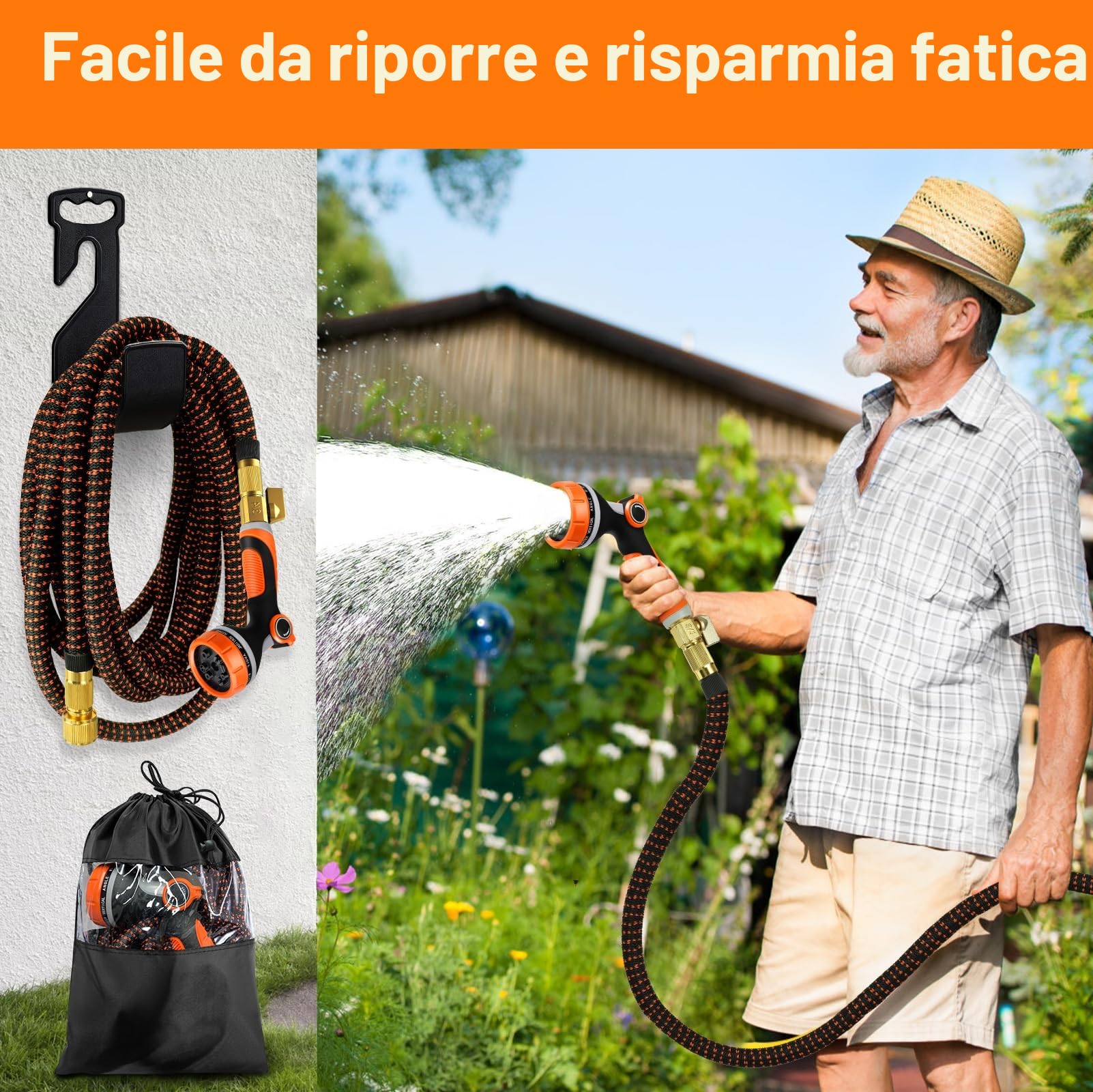 Edonkvi Tubo Acqua Giardino 45 Metri, Tubo Estensibile da Giardino con 10 Funzioni Pistola, Gomma Canna Dell'acqua per Innaffiare, Flessibile Pompa Allungabile Raccordo in Ottone da 1/2" 3/4" Attacco