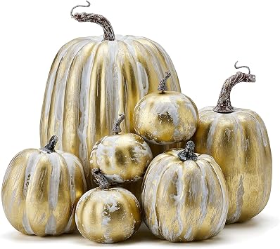 Kayotuas 7Pcs Artificial Pumpkins Decoration for Halloween Lifelike Simulation Foam Pumpkins Set Fall Harvest Home Party Supplies White Gold, One Size