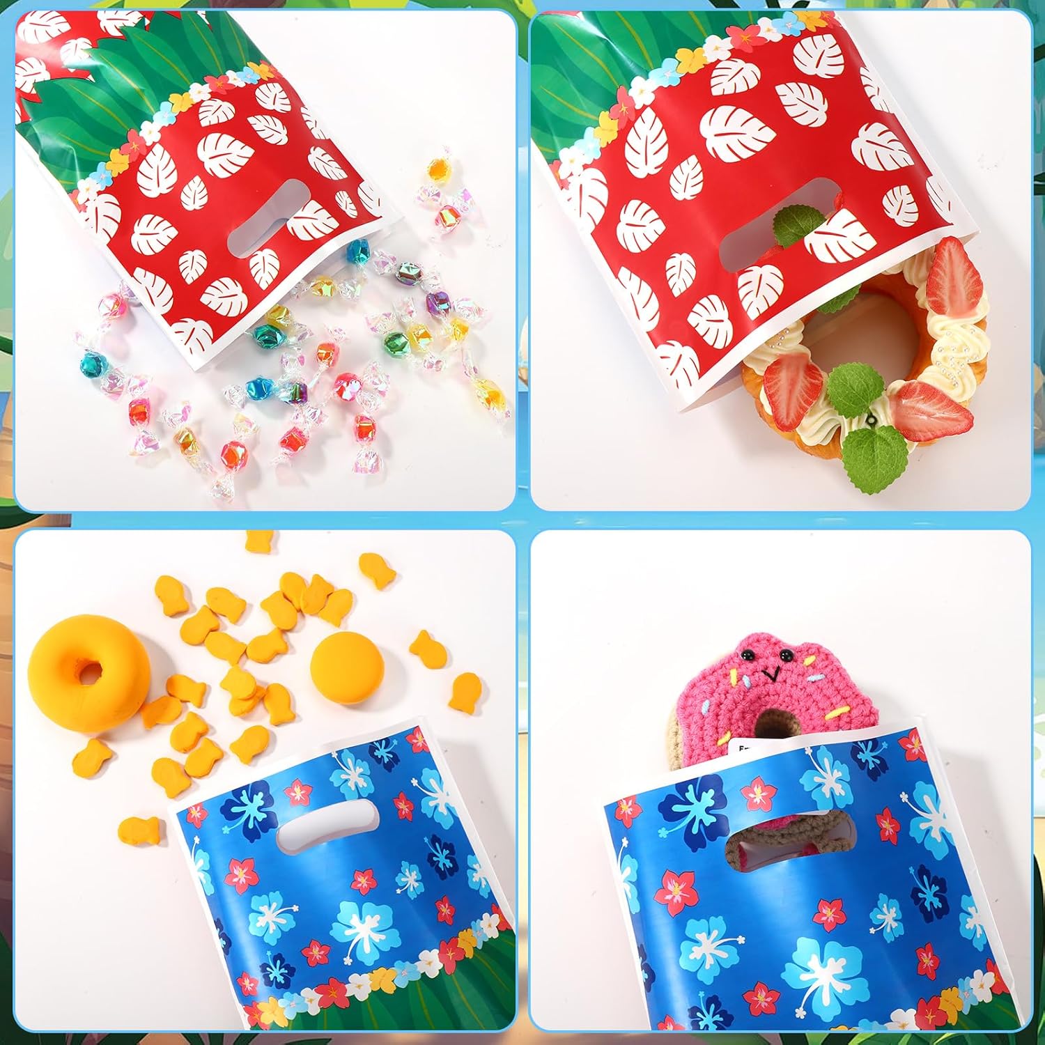 50pcs Cartoon Animation Party Favor Bags, Hawaii Goodie Bags Leaves Flowers Patterns Candy Treat Gift Bag with Handle Party Supplies Decorations for Birthday Shower - Image 4