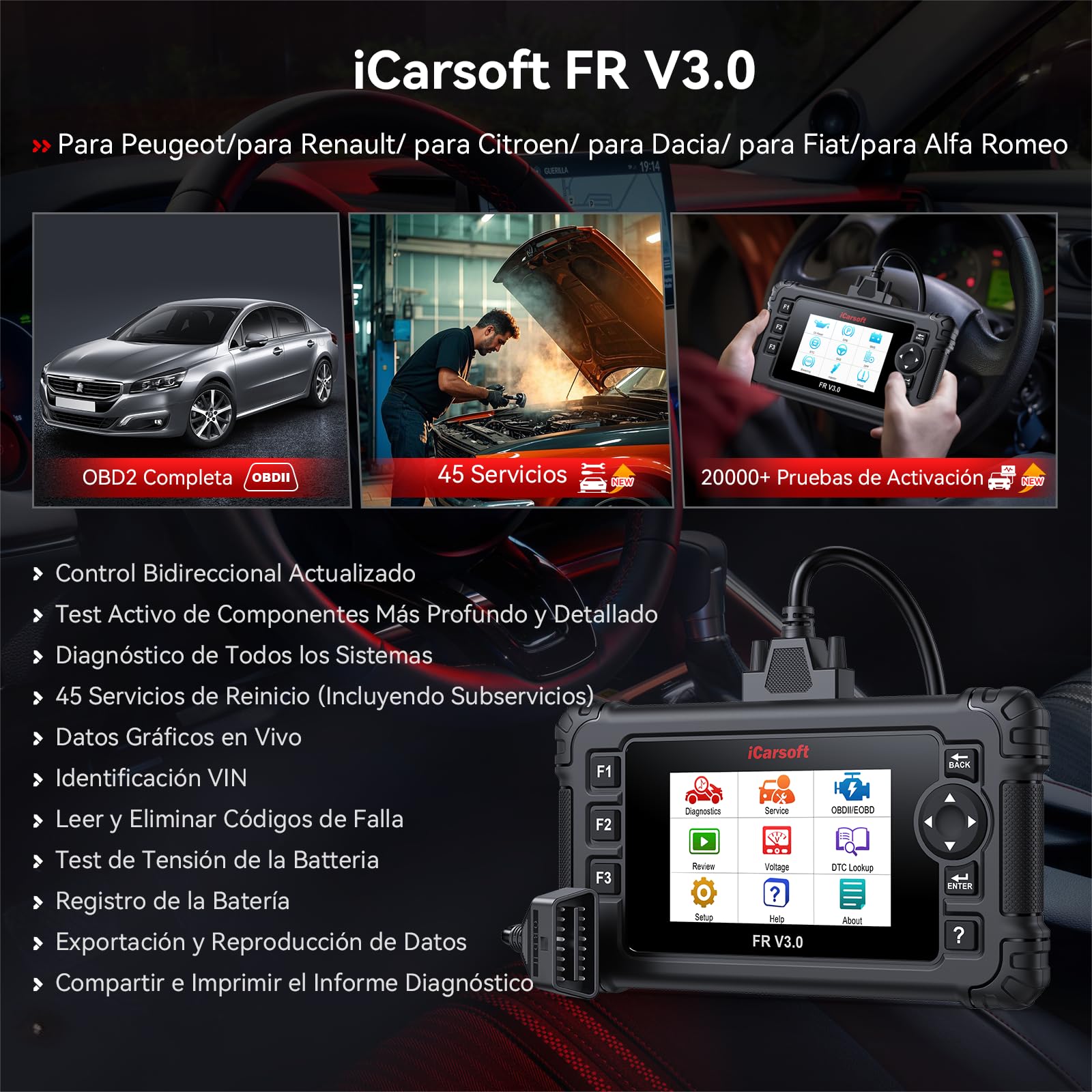 iCarsoft FR V3.0 OBD2 Máquina Diagnosis Coche para Renault/Citroen/Peugeot/Fiat/Dacia/Alfa Romeo, Bidireccional Escáner de Todo el Sistema, 45 Funciones Reinicio, Actualizaciones de por Vida