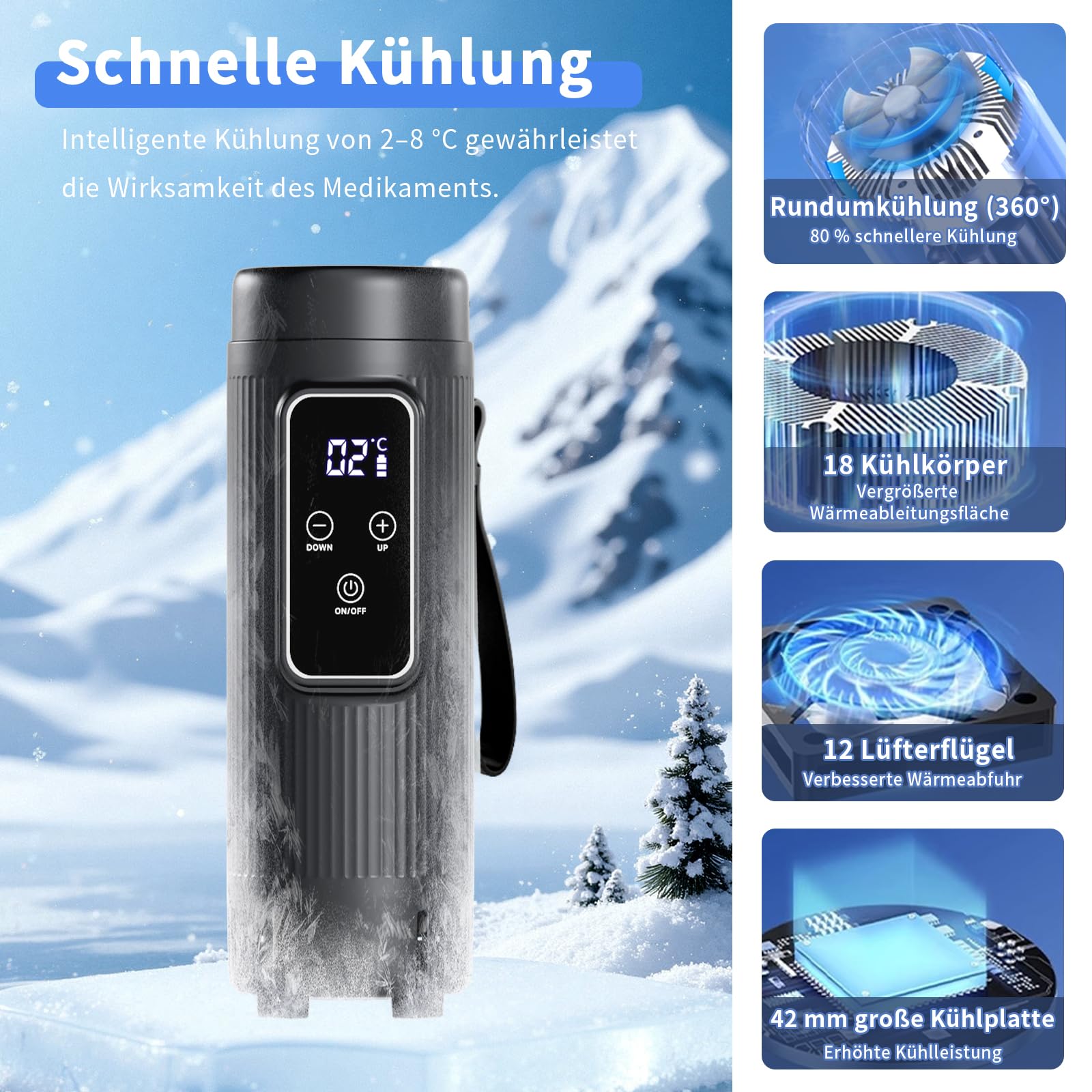 Insulina, borsa frigo portatile con 2 batterie, refrigerante per auto, viaggi, casa, borsa termica medica