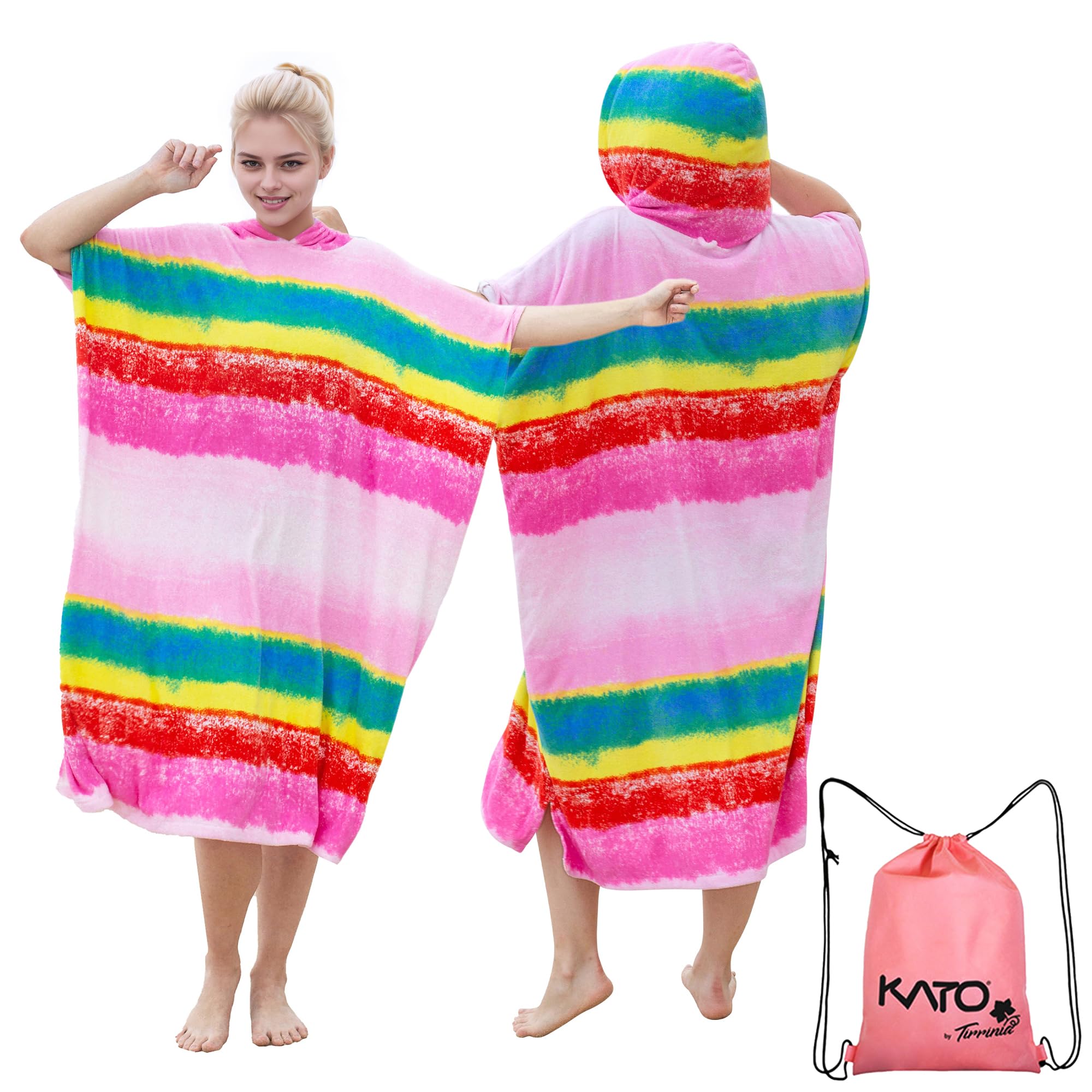 Kato Tirrinia Men's Rainbow Poncho Towel Adult, Large Changing Robe Towel, Surf Beach Towel, Quick Dry Swim Robe With Hood, Super Water Absorbent, Soft & Light Weight, Wo