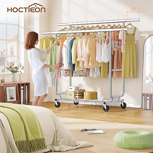Miniatura 8 de Hoctieon Perchero para ropa de doble varilla, montaje en 2 minutos, estante resistente con ruedas, plegable para uso comercial, barra colgante