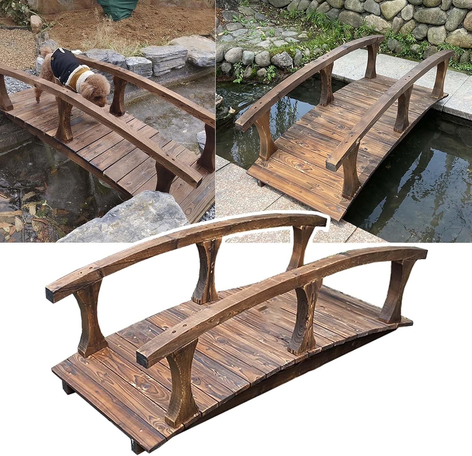 CMYUN Solid Wood Garden Bridge Decor Carbonized, Safety Small Wood Bridges for Outdoor, Arch Park Pond Footbridge with Rails, for Yard Farm, 140x60cm