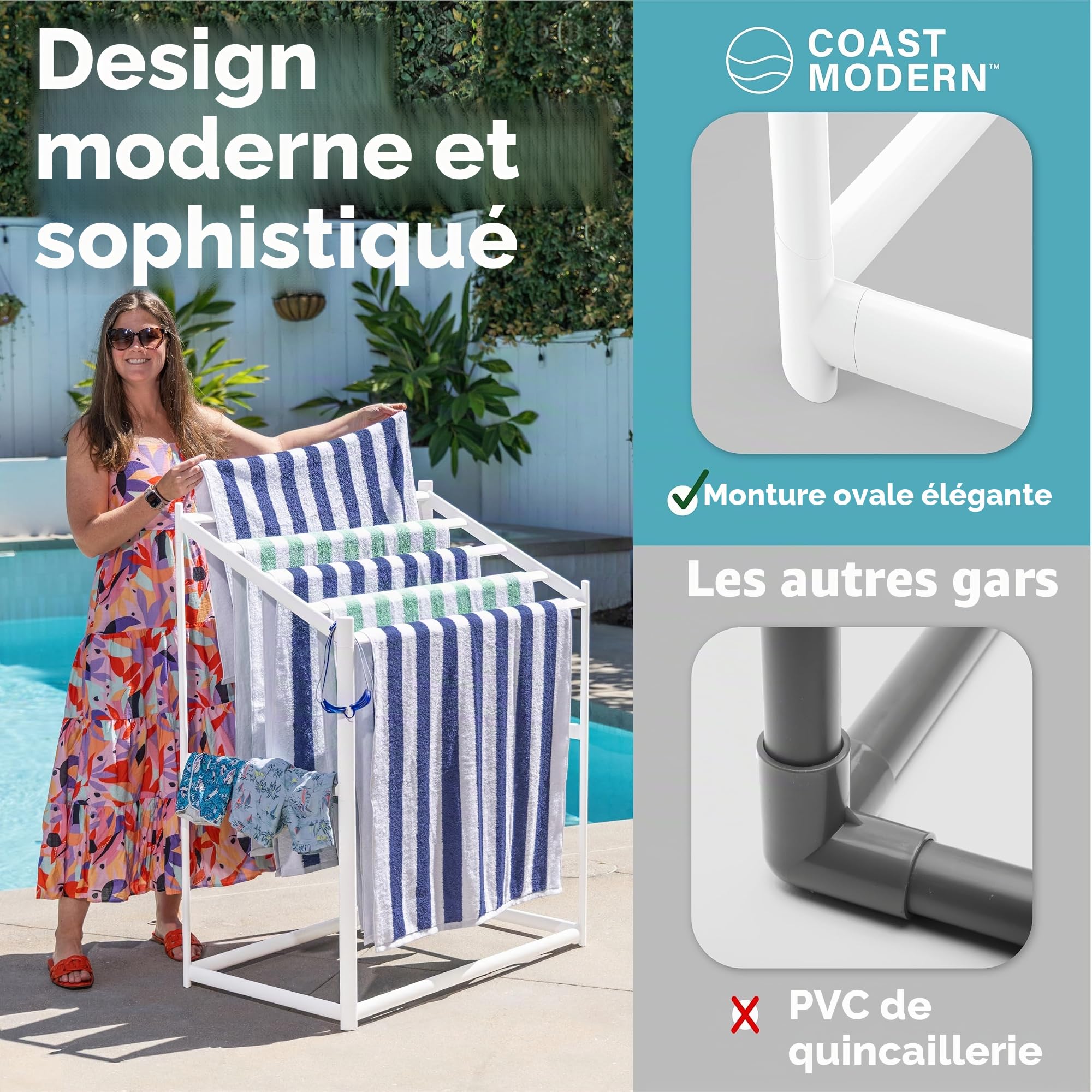 GoSports Coast Séchoir à Serviettes de Plage en PVC pour Piscine et Jacuzzi - Extérieur et intérieur - Design Moderne à 5 Niveaux - Caoutchouc PVC - Blanc