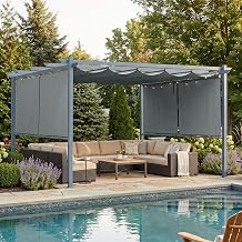 Aoodor 10 x 13 ft Outdoor Pergola with Retractable Shade Canopy, Matte Aluminum Frame, 4 Roller Shade Curtains, Grape Trellis for Patio, Backyard, Garden, and Deck, Grey