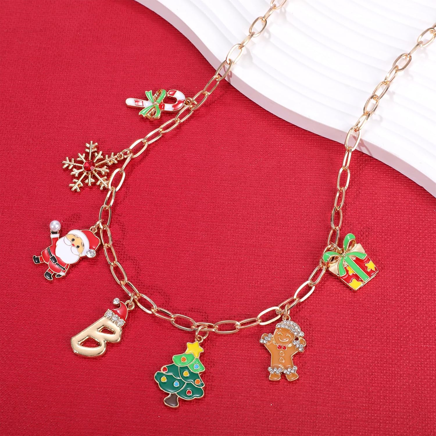 NEKOL Christmas Initial Letter-B Charm Necklace for Women, Candy Canes Snowflakes Santa Claus Christmas Tree Gingerbread Man Gift Box Colorful Holiday Charms Necklace for Personalized Christmas Gifts - Image 5