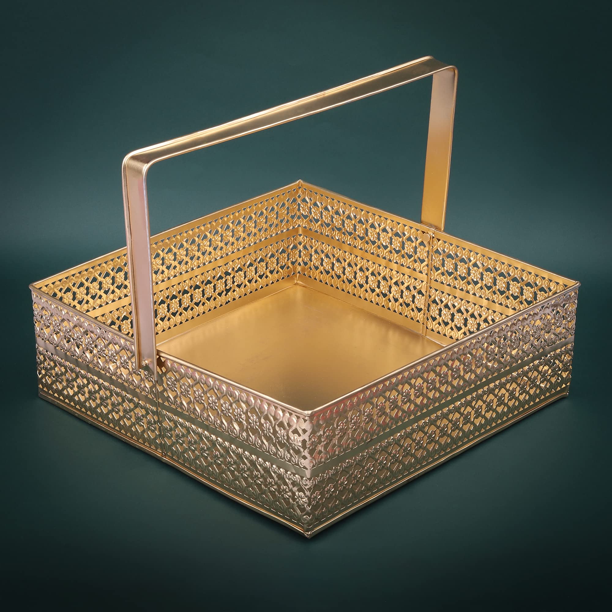 ekysa dekor metal sheet multipurpose hamper Fancy Basket/Tray/Platter box with hadles for Packing, Gifting, Decoration - Golden (12 * 4 inch)