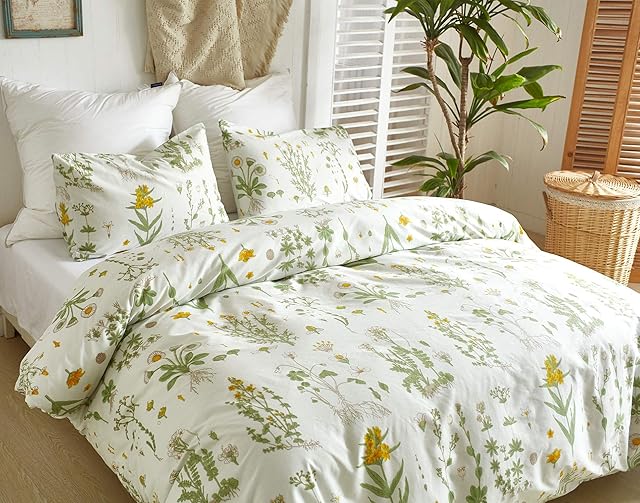 Omela Double Size Duvet Cover Set (200x200cm) Chic Flowers Green Print + 2 Pillowcases(50x75cm) Ultra Soft Hypoallergenic Microfiber Breathable(Double,F-001)