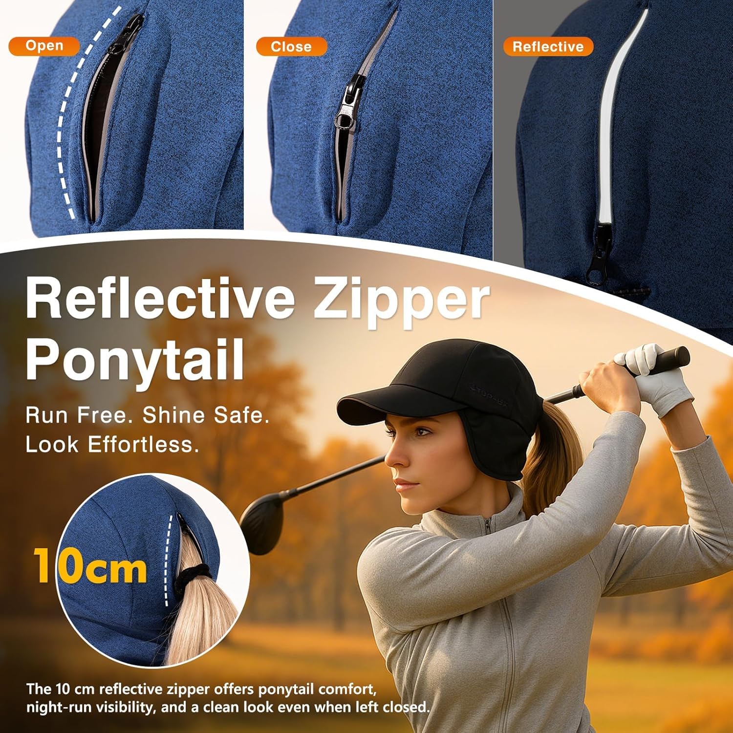 TOP-EX Waterproof Safety Reflective Ponytail Baseball Cap with Ear Flaps Lining for Women Running Outdoor Snow M/L - Image 4